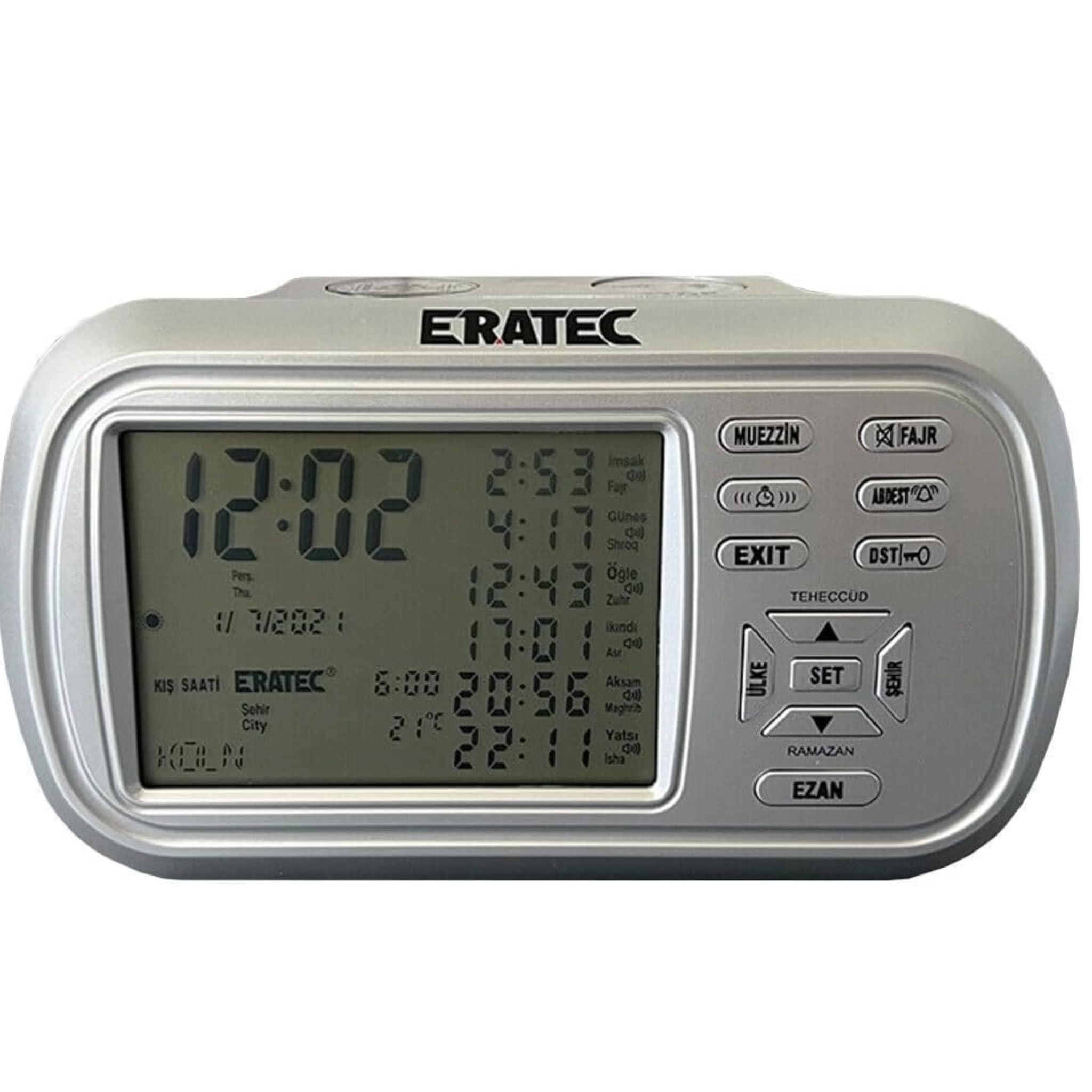 Shov Ezan Saati Argento - Orologio da preghiera automatico Azan, 8 voci azan, Hijri, calendario, sveglia e bussola Qibla AZ-6500 (argento)