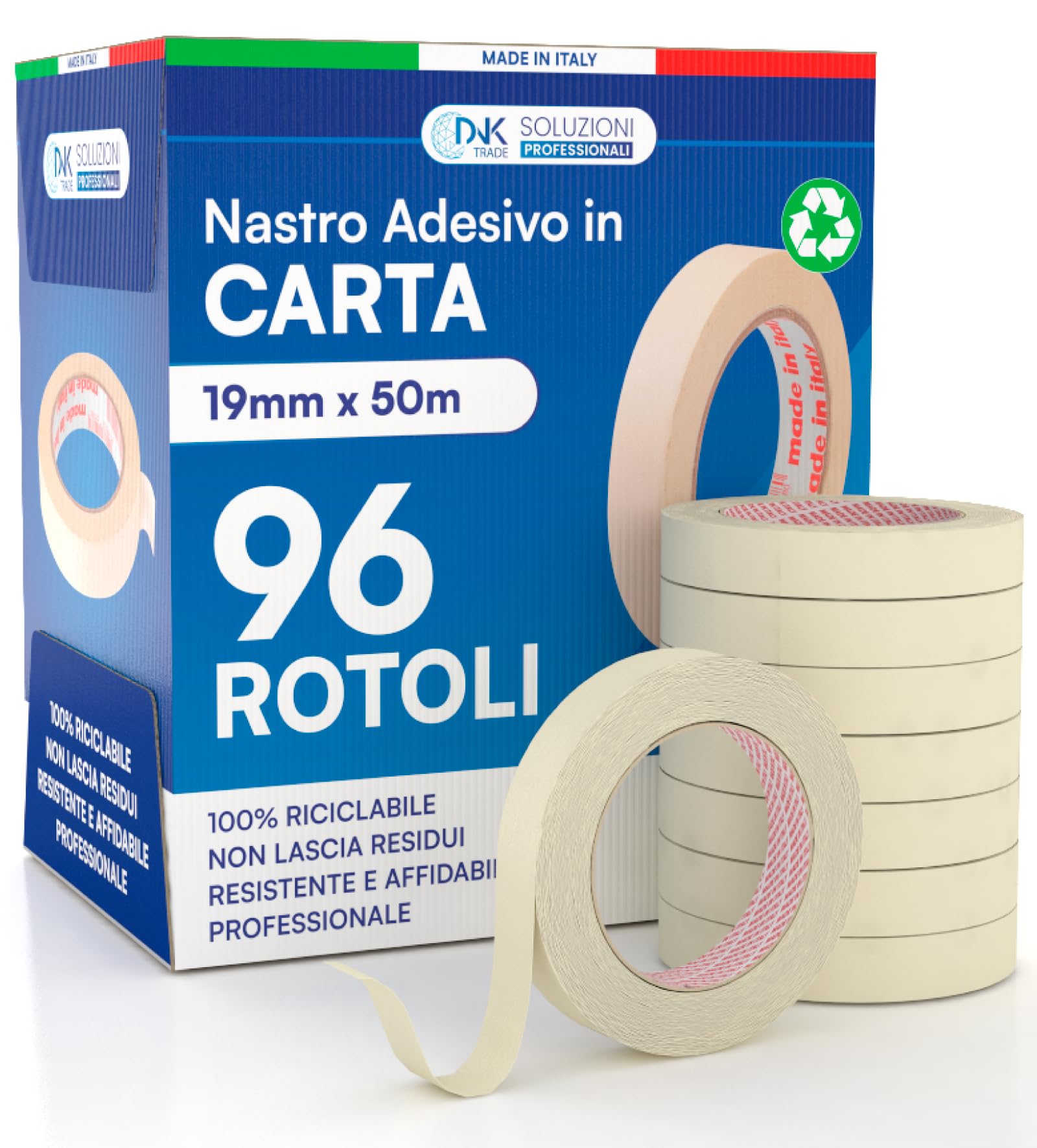DNK TRADE Papierband – 96 Rollen Malerband 19 mm x 50 m – Professionelles gummiertes Papier 19 x 50 recycelbar für Maler- und Malerarbeiten