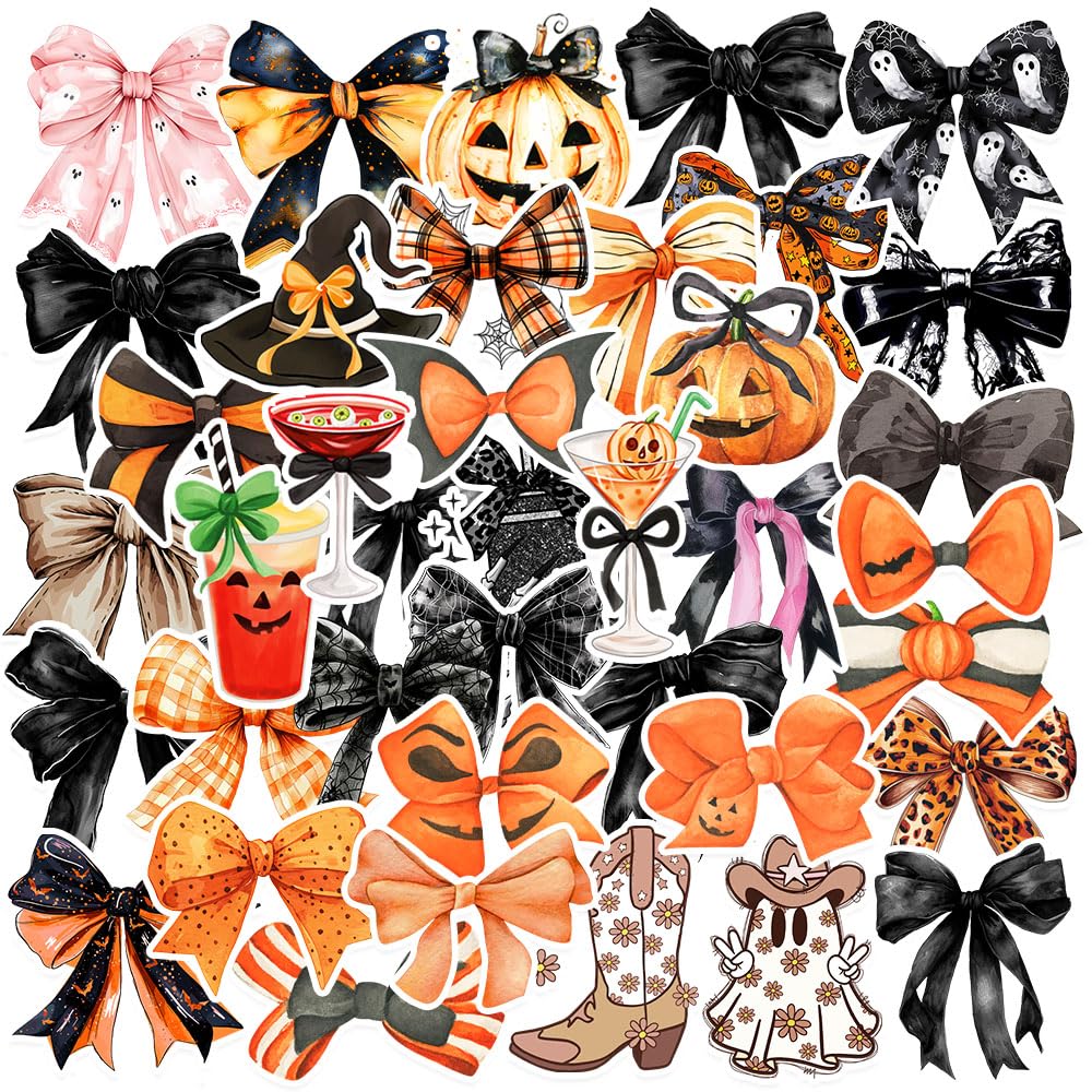 50PCS Halloween Bows Stickers,Ghost Fall Pumpkin Bows Stickers Decals,Vinyl Waterproof Stickers for Water Bottles,Laptop