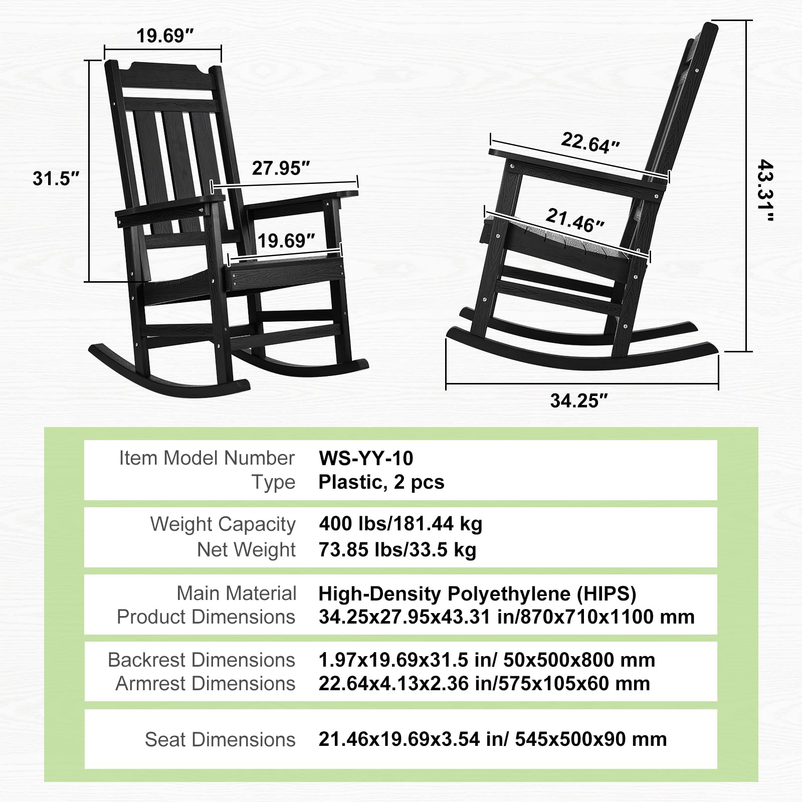 VEVOR Dondolo da Veranda, Sedia a Dondolo da Esterno, Sedia a Dondolo da Patio con Schienale Alto e Braccioli Lisci, Supporta Fino a 181,4 kg, Sedia per Giardino, Balcone, Veranda, Nero 2 Pezzi