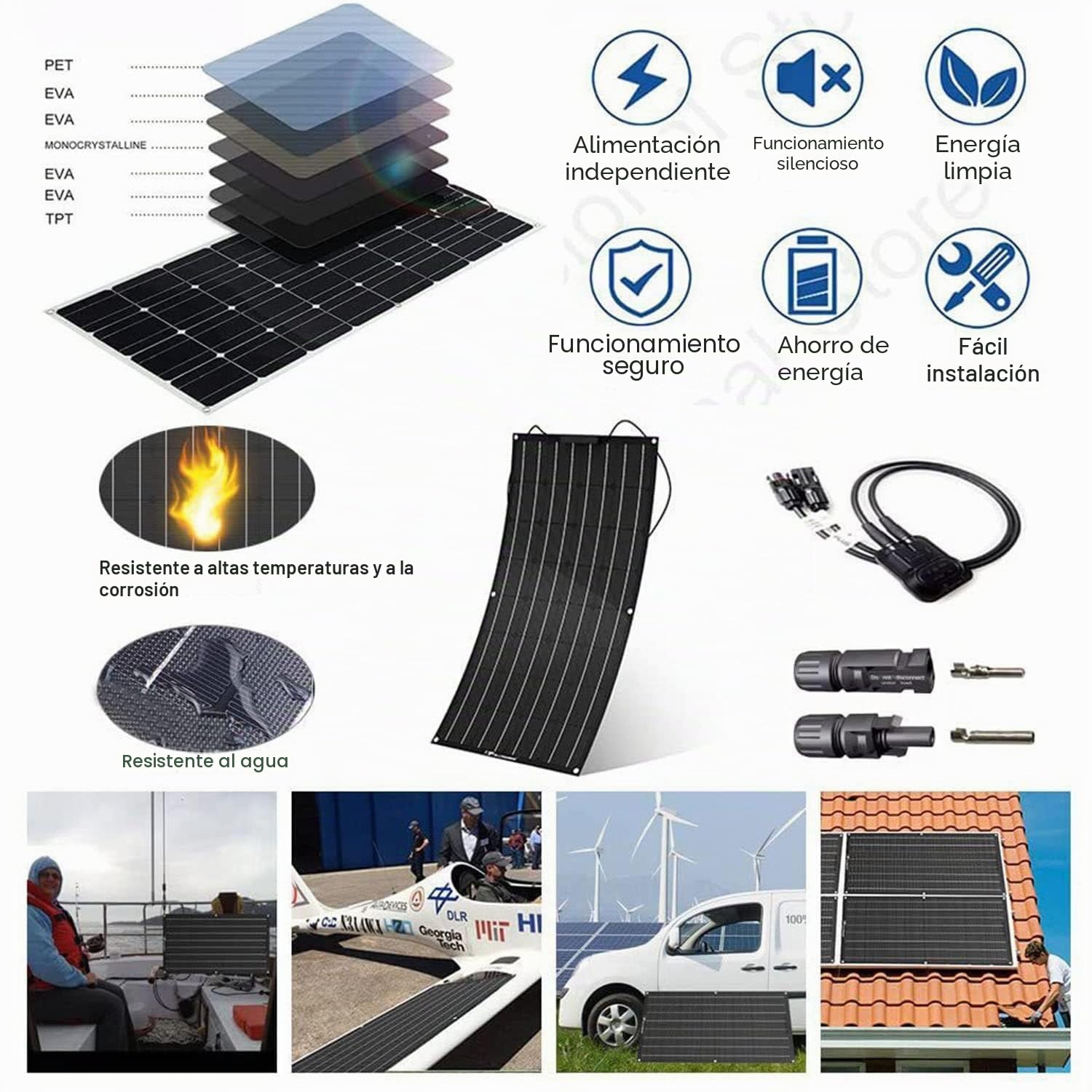 Panel solar flexible portátil de 200 W, 400 W y 800 W,módulo fotovoltaico monocristalino flexible de 12 V a 24 V,controlador de carga de 40 A para autocaravanas,coches,barcos y caravanas. Black-200W
