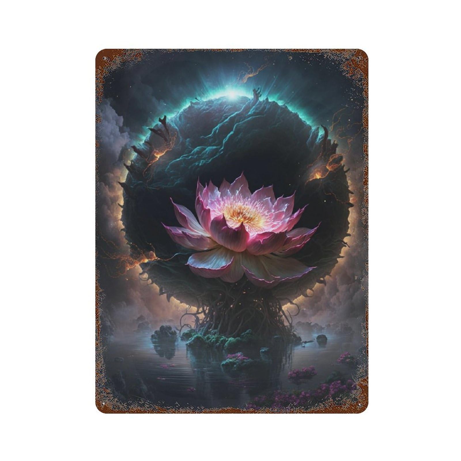 Cosmic Lotus Bloom Rust Effect Tin Sign 15.7"x11.8", Vintage Wall Decor for Bistro, Counter And Cafe Decor