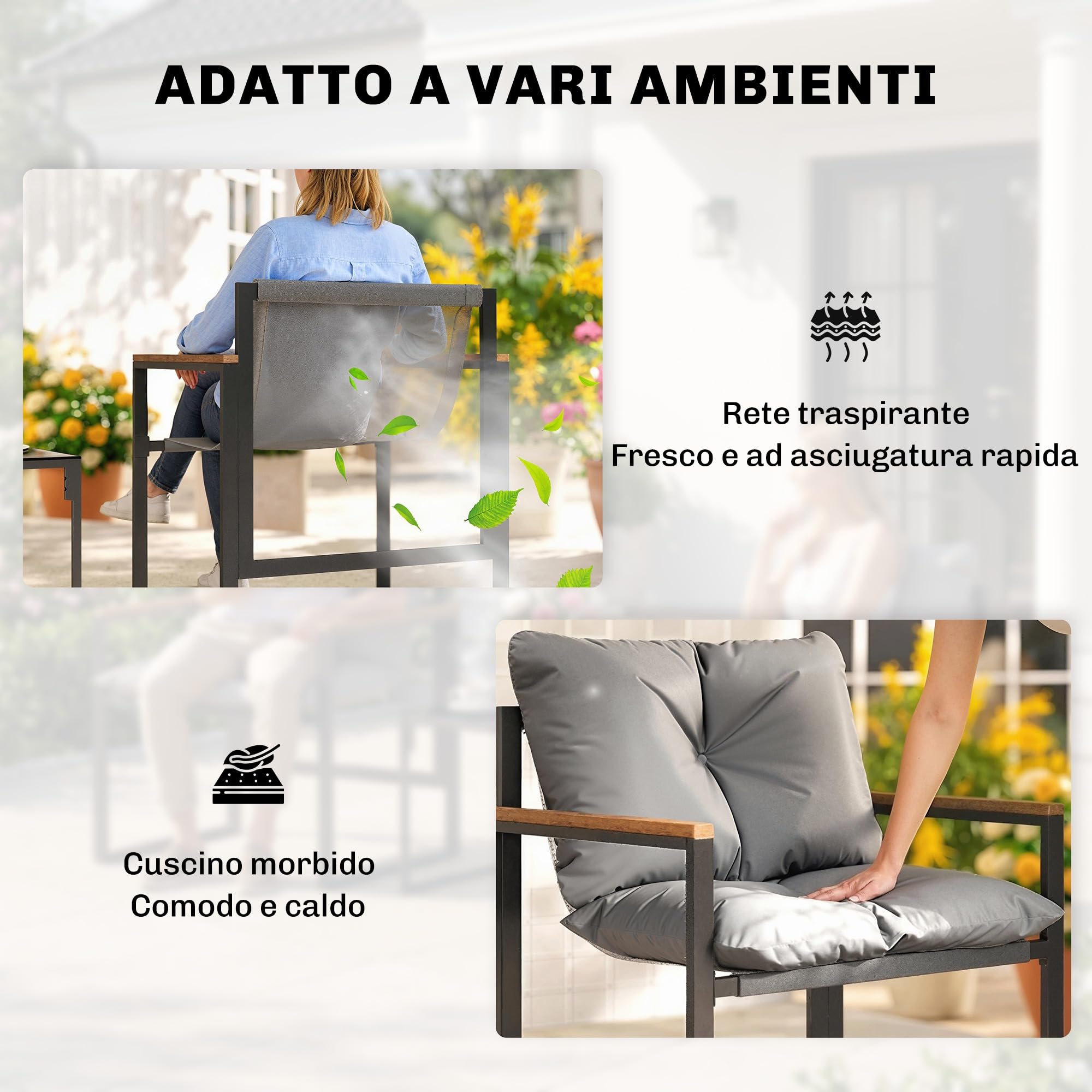 Outsunny Set da Bistrò da 3 Pezzi, Set da Giardino con 2 Sedie Texteline, Tavolo Vetro Temperato, Cuscini Spessi, Braccioli Decorativi, Set di Mobili da Giardino in Metallo, per Patio Balcone, Grigio