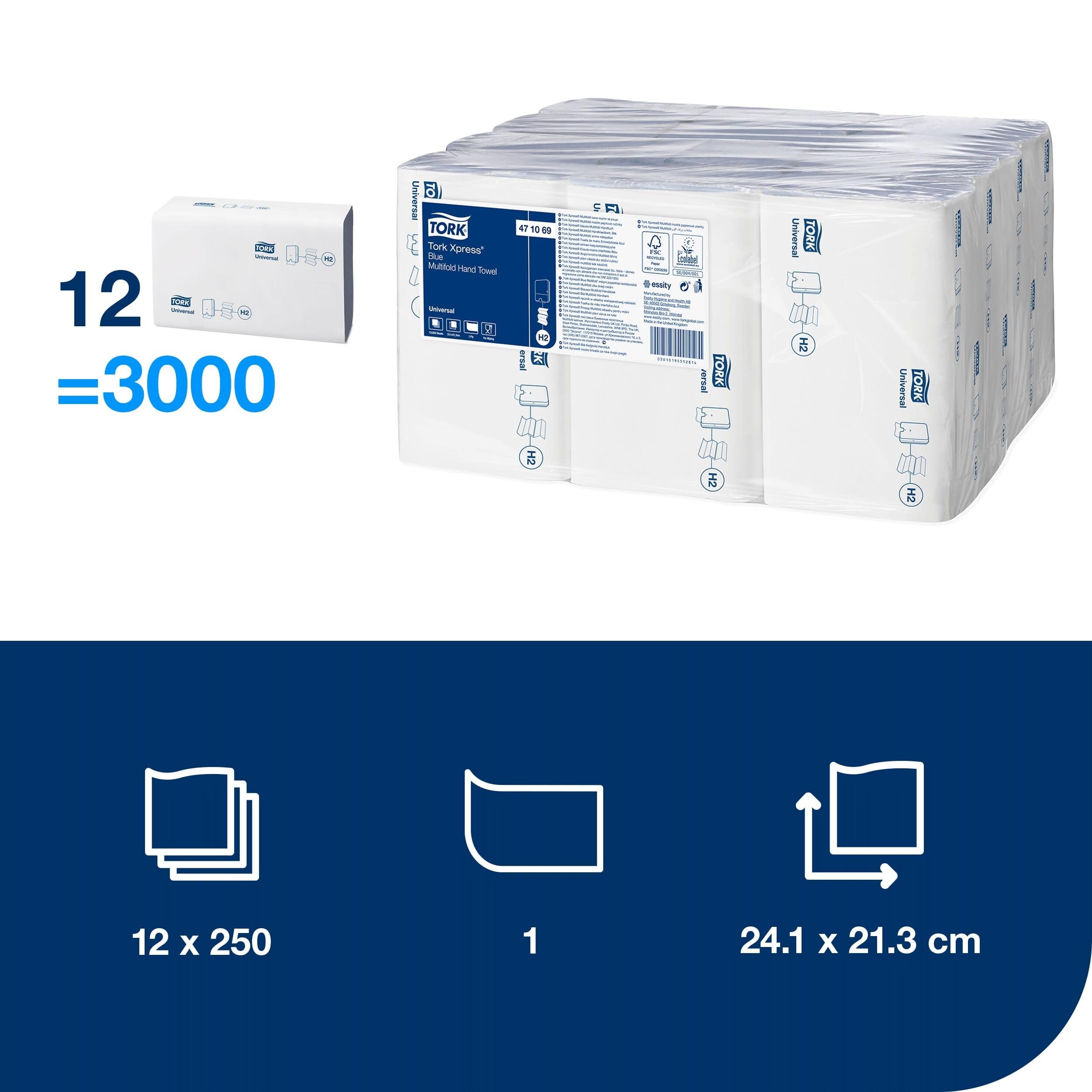 Tork Xpress asciugamani piegati a Z blu H2, qualità Universal, 1 velo, 100% fibre riciclate, 12 x 250 asciugamani, 471069