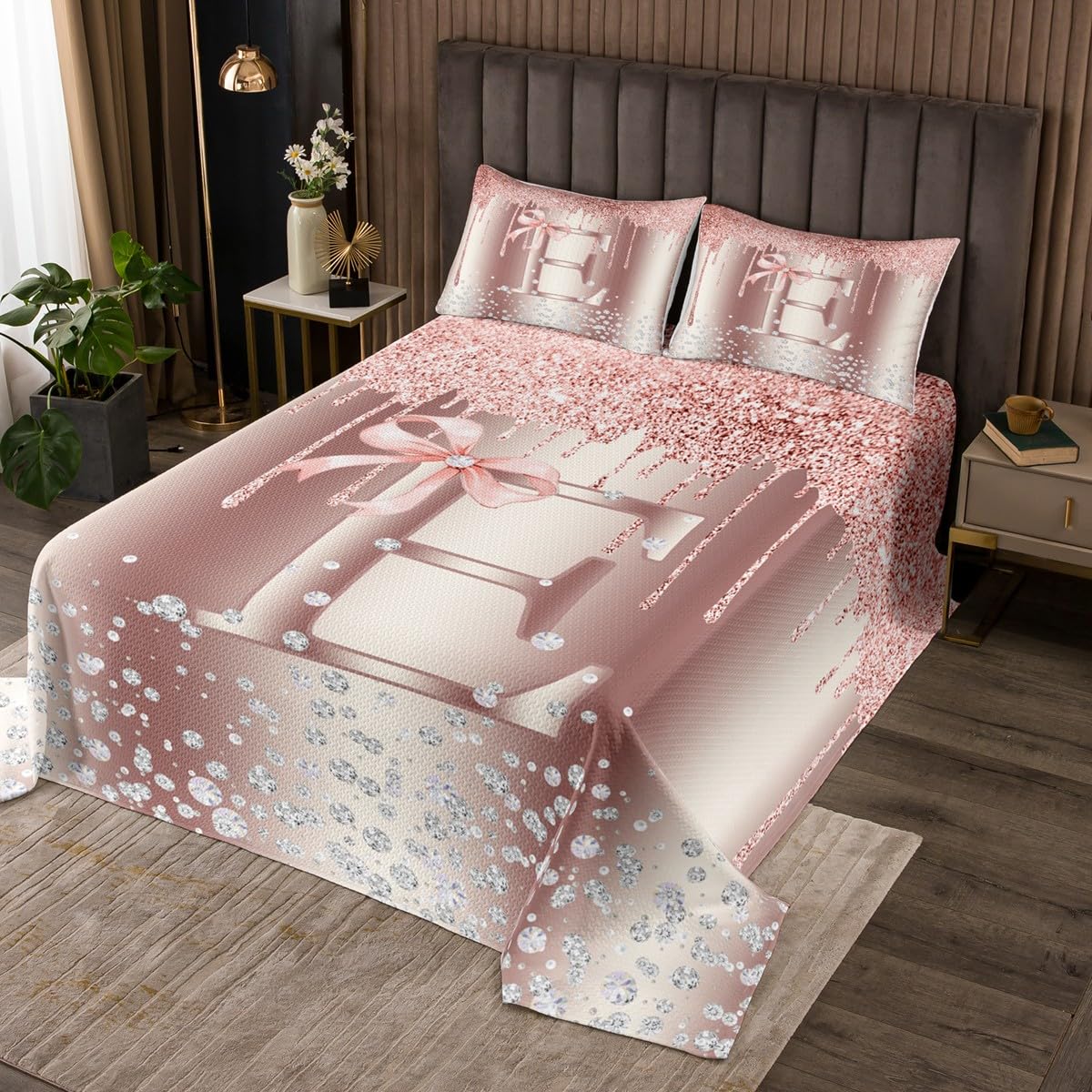 jejeloiu Pink Rose Gold Bedspread for Kids Boys Girls,Twin Size,Pink Bow Coverlet Set,Personalized Letter E Quilted Coverlet,Glitter Diamond Pattern Bedspread Cover,Monogrammed Bedroom Decor