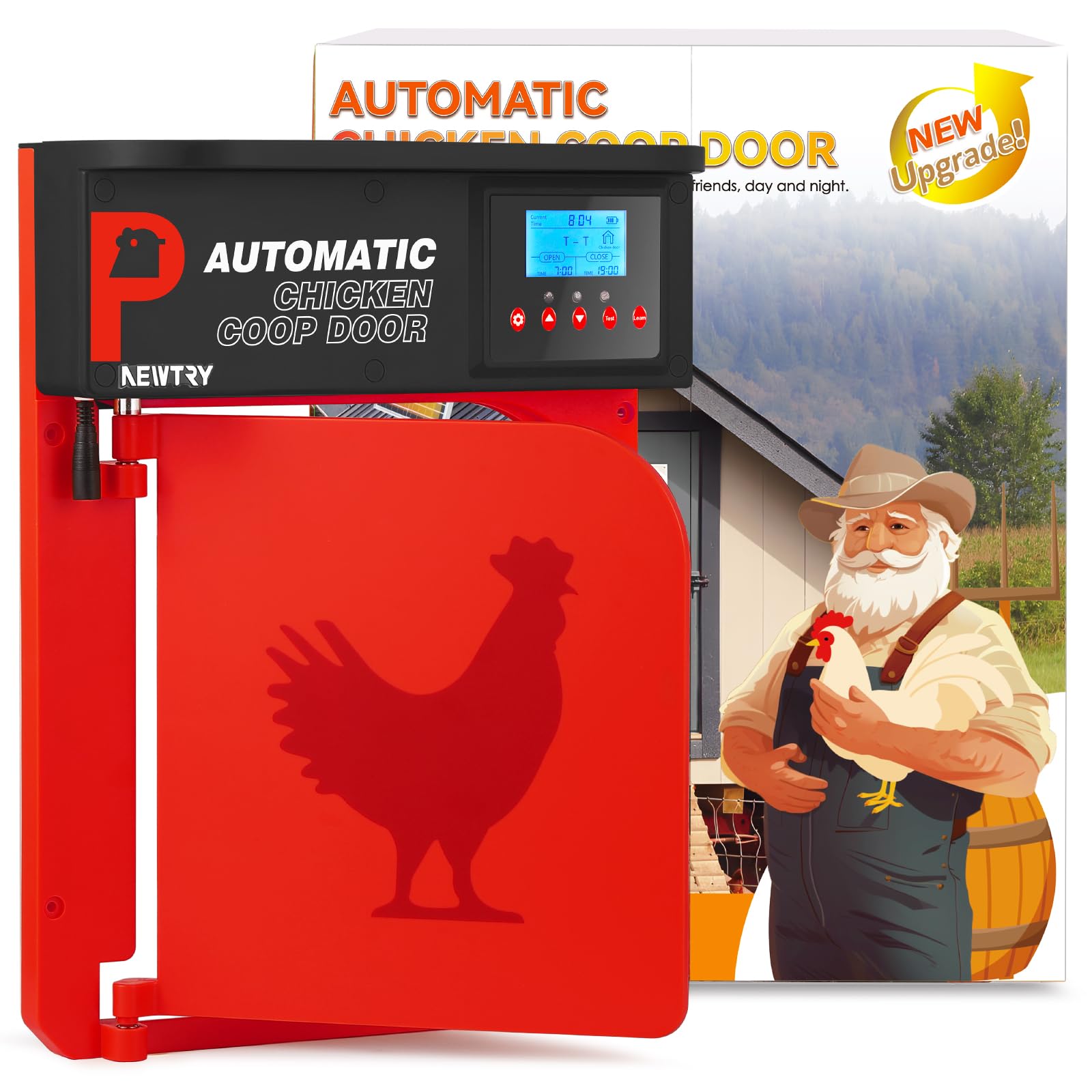 NEWTRY Abrepuertas Automático para Gallinero, Puerta Pivotante con Temporizador y Sensor de Luz, Anti-pellizco, 10W Energía Solar con Mando a Distancia de 40m (Rojo)
