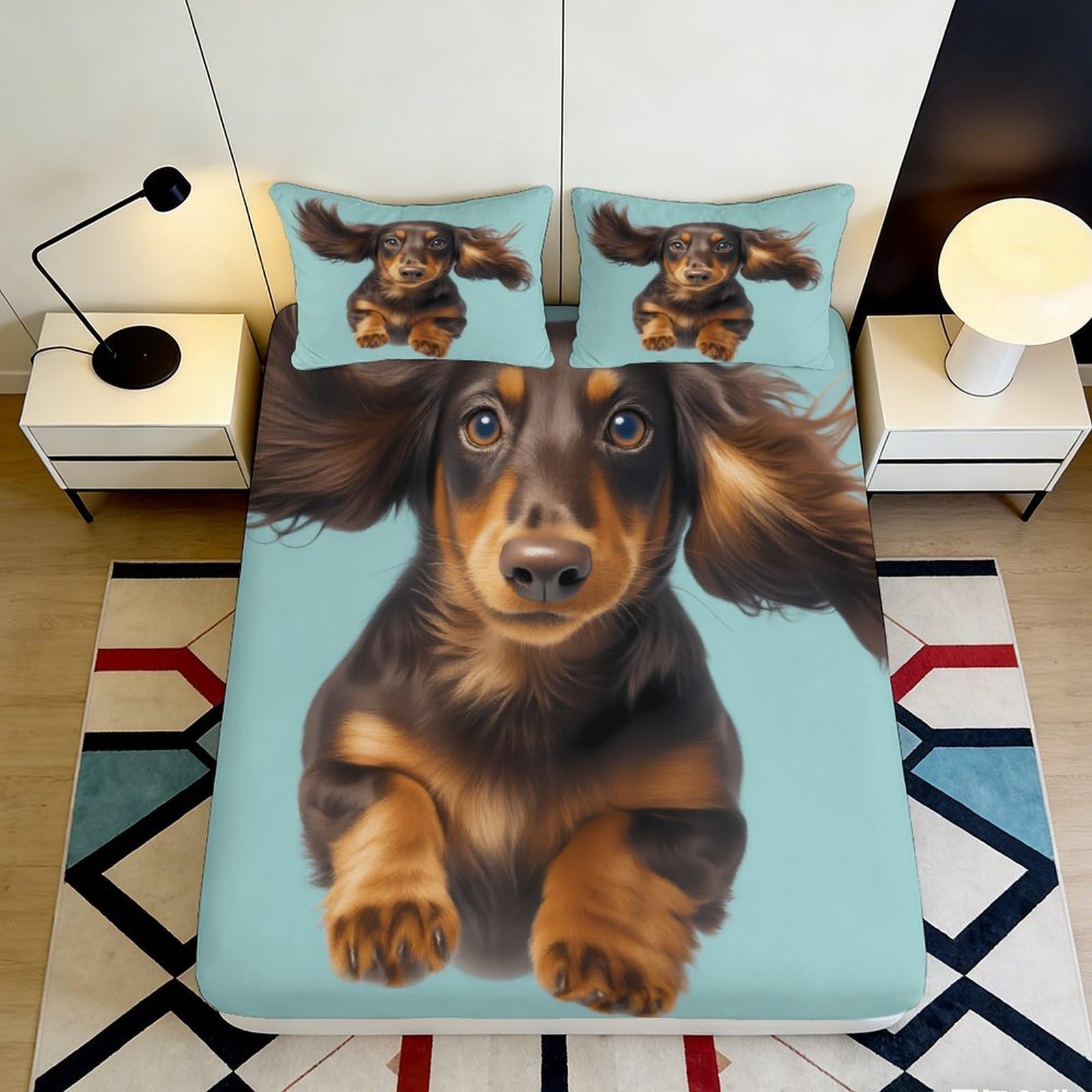 3D Printed Dachshund Dog Fitted Sheet Microfiber Anti-Slip Mattress Cover for Bedroom Guest Room Bed Decor Blue 120x200x25cm