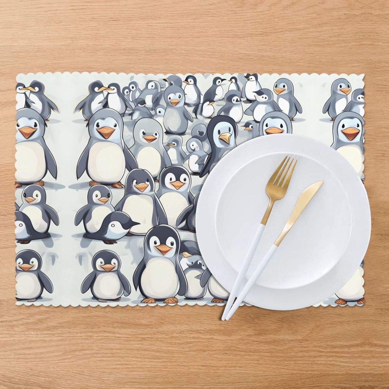 Cute Baby Penguins Sketch Set of 6 Place Mats,Heat Resistant Washable Mats for Party Kitchen Table Dining Decoration,Personalized