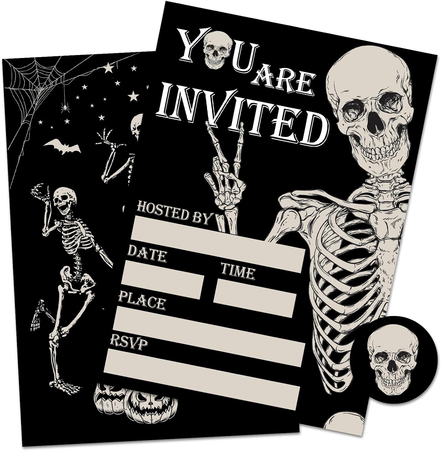 Whaline 25 Sets Halloween Invitations with Envelopes Stickers Black Dancing Skeleton Invitation Cards Blank Invites for Birthday Party Supplies, 5 x 7 Inch