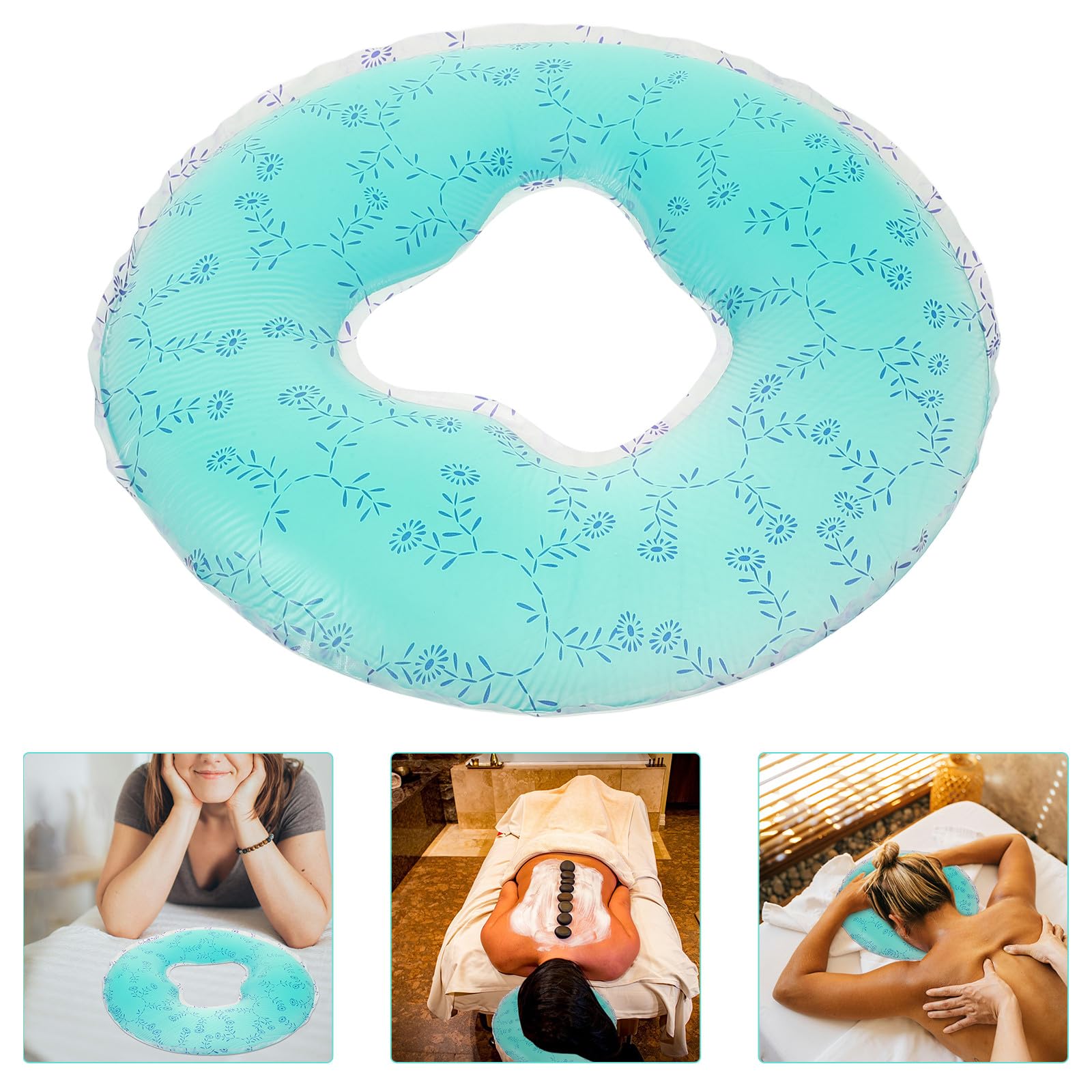 Almohada Facial de Silicona Orificio Redondo para Masaje Profesional en Salón, Reposacabezas para Mesa de Masaje, Cojín Verde Estampado para Cuidado y Relajación
