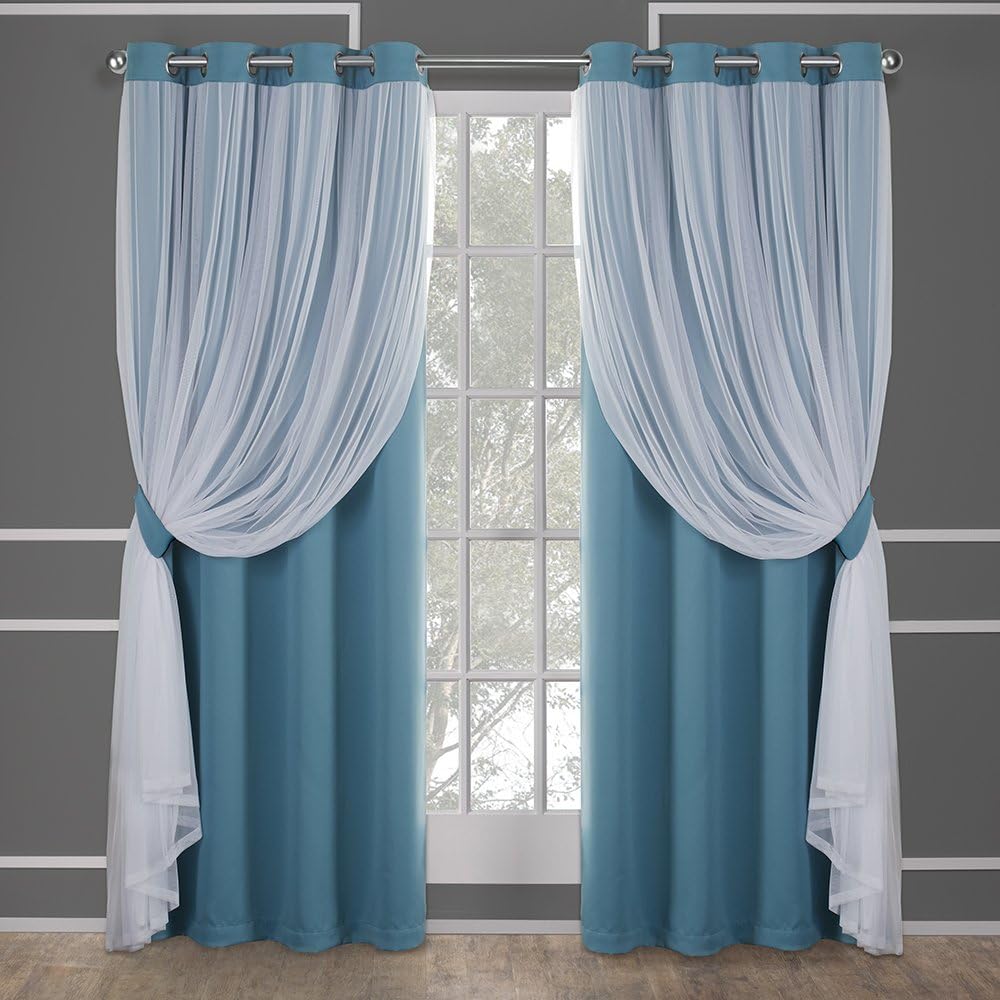 Exclusive Home Curtains Catarina Layered Solid Blackout and Sheer Window Curtain Panel Pair with Grommet Top, 52x108, Turquoise, 2 Count