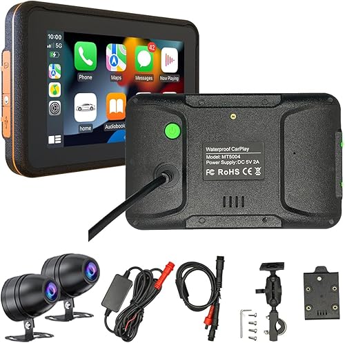 Dispositivo Carplay Android Auto para motocicleta con doble cámara 1080p grabadora DVR, Bluetooth, Wi-Fi, impermeable, navegación GPS, montaje en