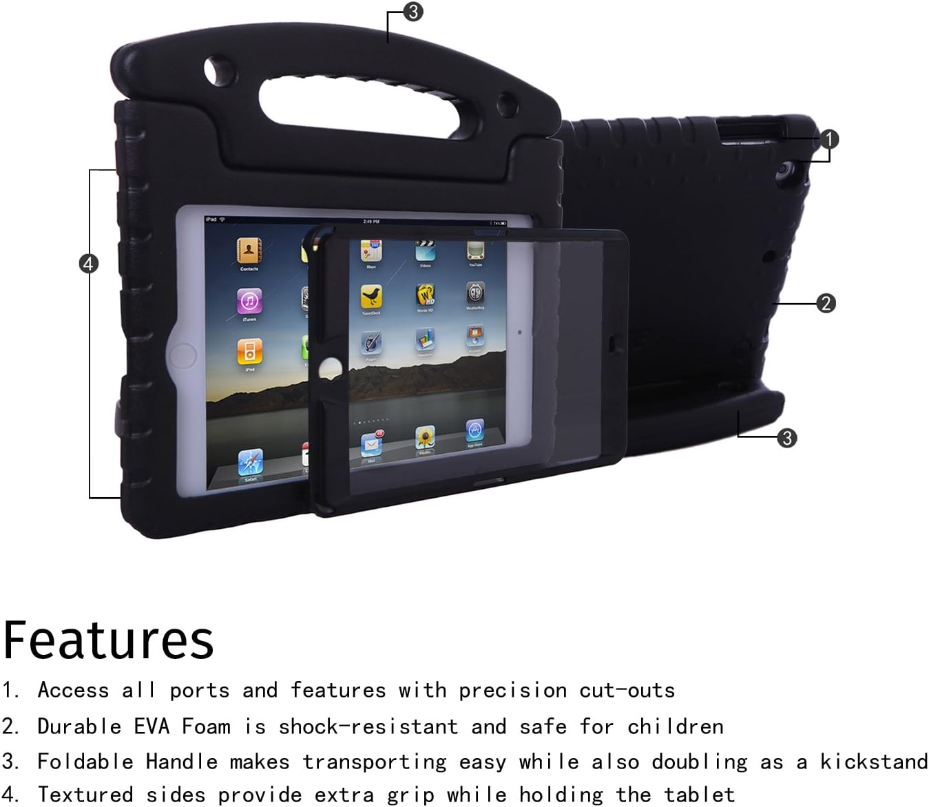HDE Case for iPad Mini 1 2 3 Kids Shockproof Bumper Hard Cover Handle Stand with Built in Screen Protector for Apple iPad Mini 1st 2nd 3rd Generation (Black)