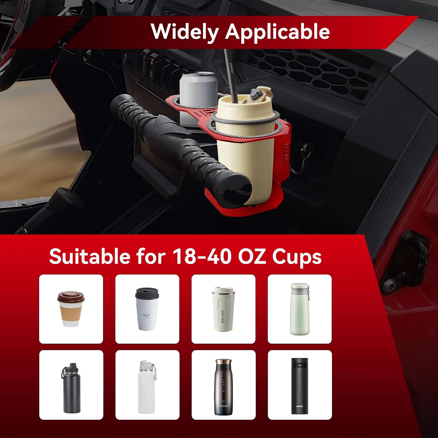 Grab Bar Cup Holder - Cup Holder for Polaris RZR fit 18-40oz Large Bottle - Passenger Grab Handle Drink Holder Compatible with XP 1000(2014-2023)/900(2011-2020)/800(2008-2014)/570(2012-2021)