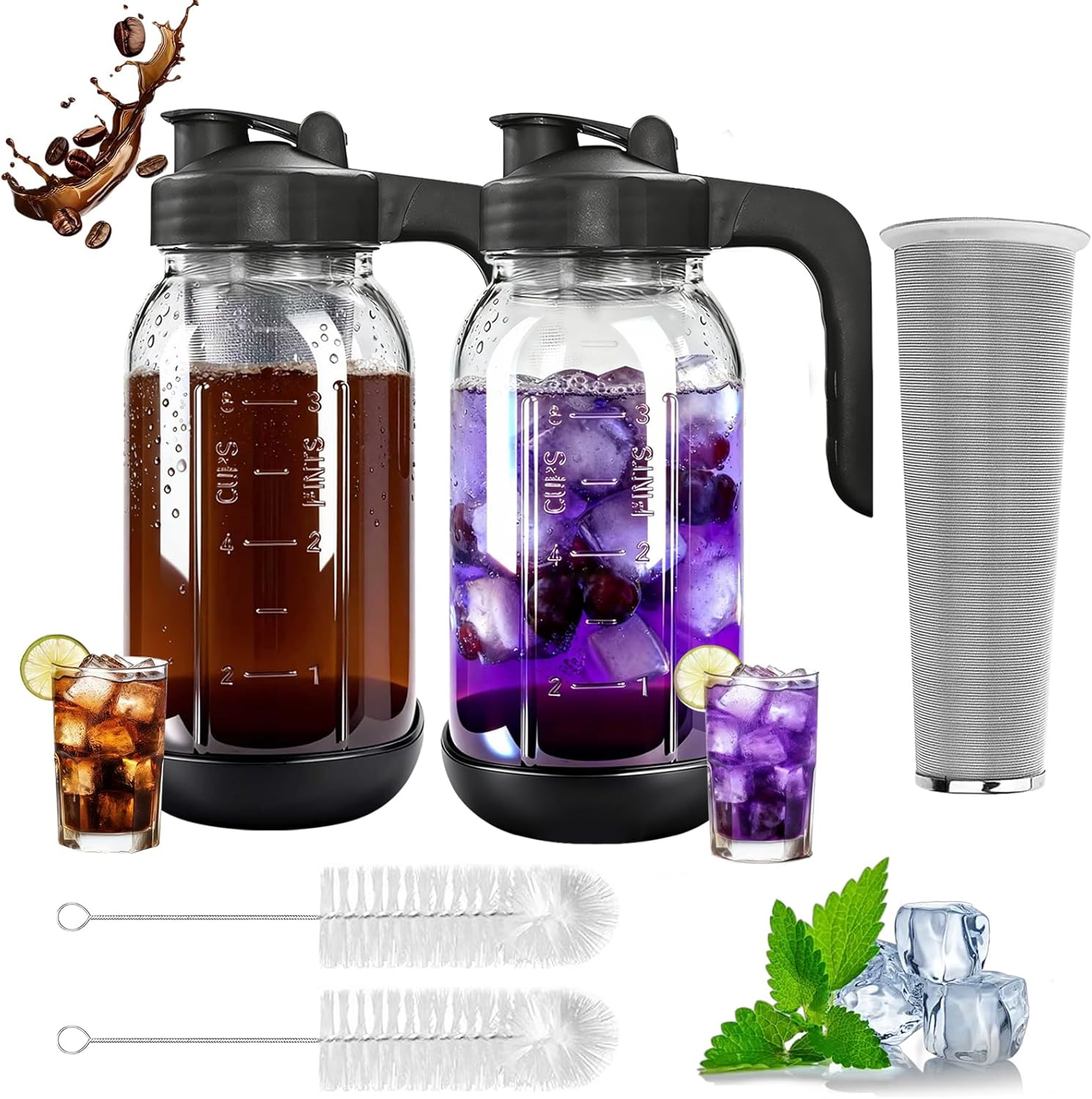 Cold Brew Coffee Maker,64 oz Mason Jar Pour Spout Lid, Coffee Carafe (2)