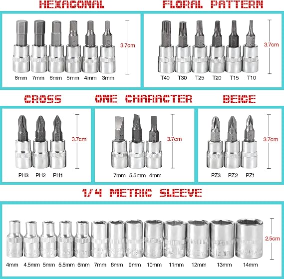 46PCS Socket Wrench Set, Ratchet Socket Set, Metric Drive Socket Wrench Ratchet Tools Kit, Screwdriver Bits Auto Vehicle Repair Tool 1/4 Inch