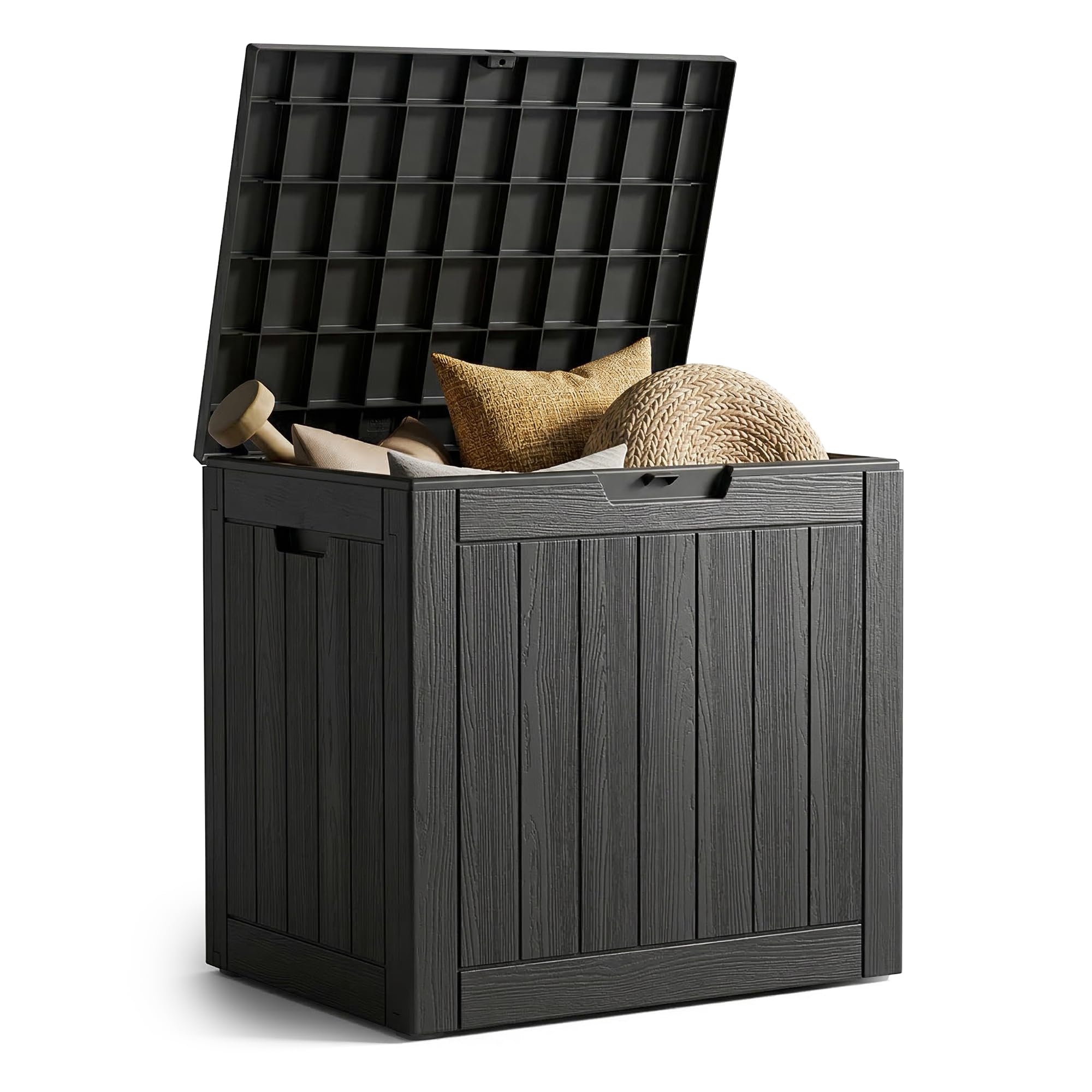 AKORD Baule da Giardino Impermeabile 117L - Cassapanca Esterna in Polipropilene Effetto Legno - Scatola Contenitore per Balcone e Terrazza, 56x53,2x43,1 cm, Nero