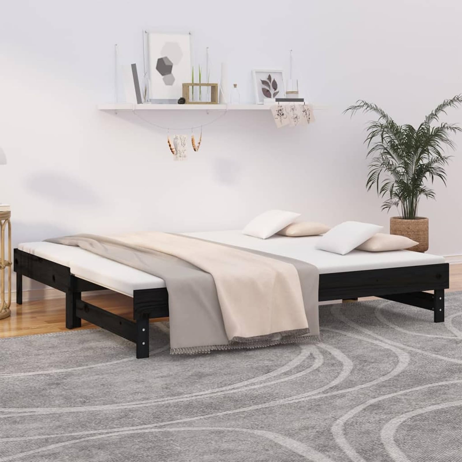 Homgoday Dormeuse Estraibile Nera 2X(90x190) cm Legno Massello di Pino, Divano Letto Dormeuse, Divano Moderno, Divani per Esterno da Giardino, Divano Salotto, Esterno Arredamento Giardino