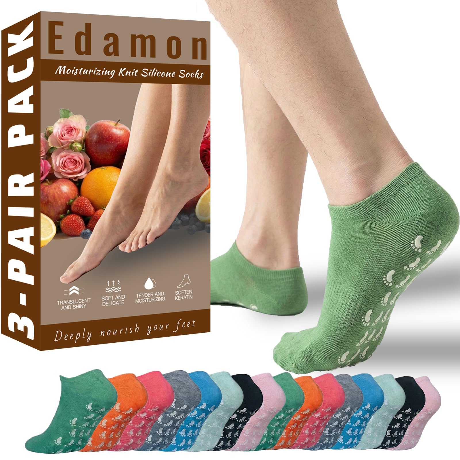 3 Pairs Moisturizing Gel Socks for Dry Feet - Intensive Overnight Foot Care, Reusable & Non-Slip, Gift for Women and Men (3 Pairs; Black + Orange + Green, S)