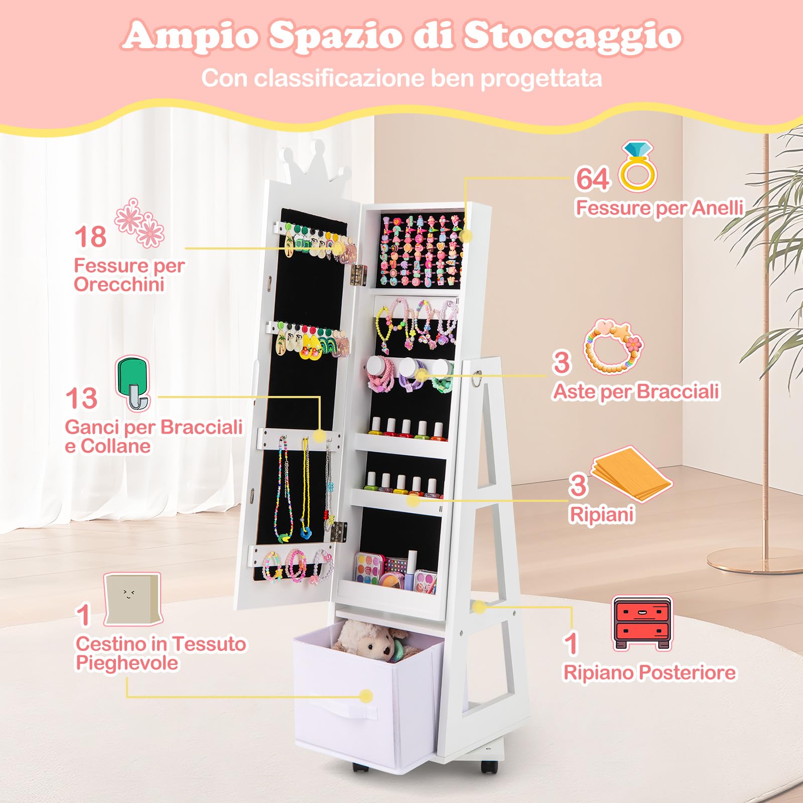 COSTWAY Specchio Portagioie da Terra a Figura Intera con Ruote Bloccabili | Armadietto Portagioielli Girevole Specchiera da Camera da Letto per Bambini 3+ Anni