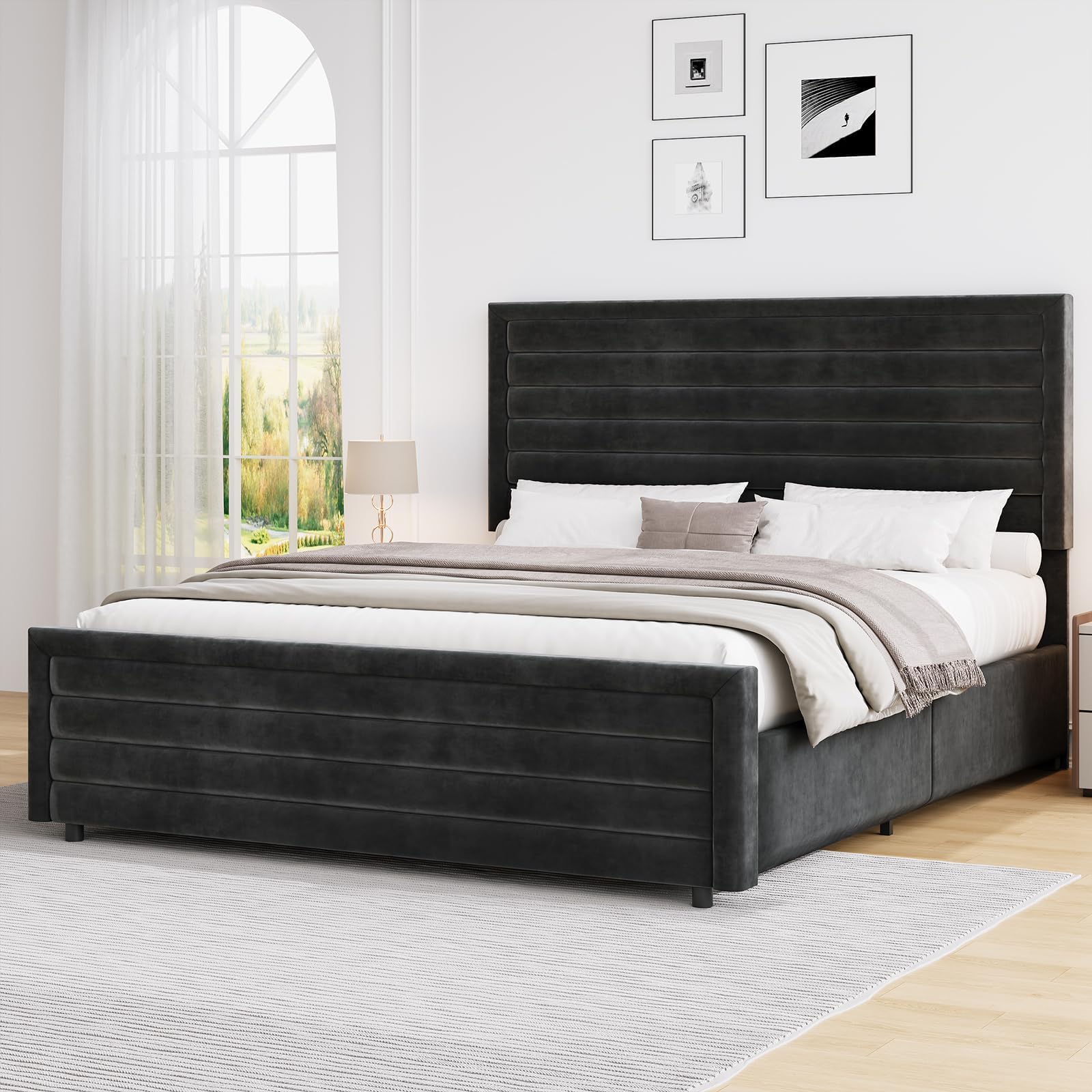 Queen Size Bed Frame Upholstered Platform Bed with Velvet Headboard and Footboard Mattress Foundation with Wooden Slats No
