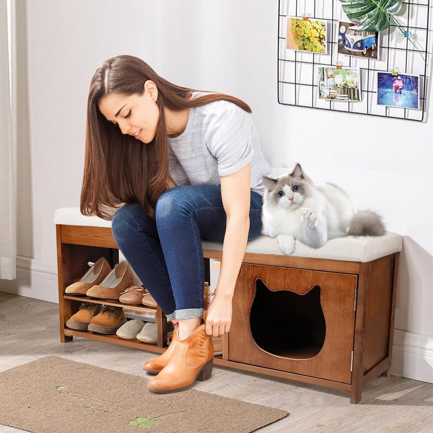 Shoe Bench with Cat Cabinet and Hidden Drawer, 2 Tier Entryway Bench with Storage 43.3 in, Solid Wood Shoe Rack with Cushion for Entryway Hallway Living Room Bedroom (400lbs+)
