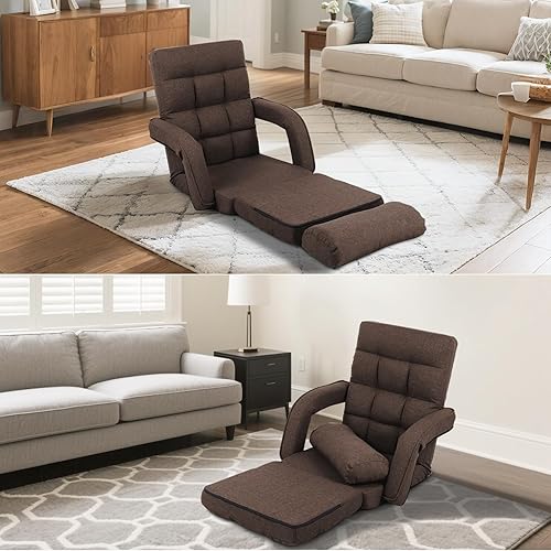 Miniatura 5 de Silla de suelo ajustable para adultos con apoyo trasero, sofá perezoso plegable de 5 posiciones con almohada, silla de juegos y meditación con tela