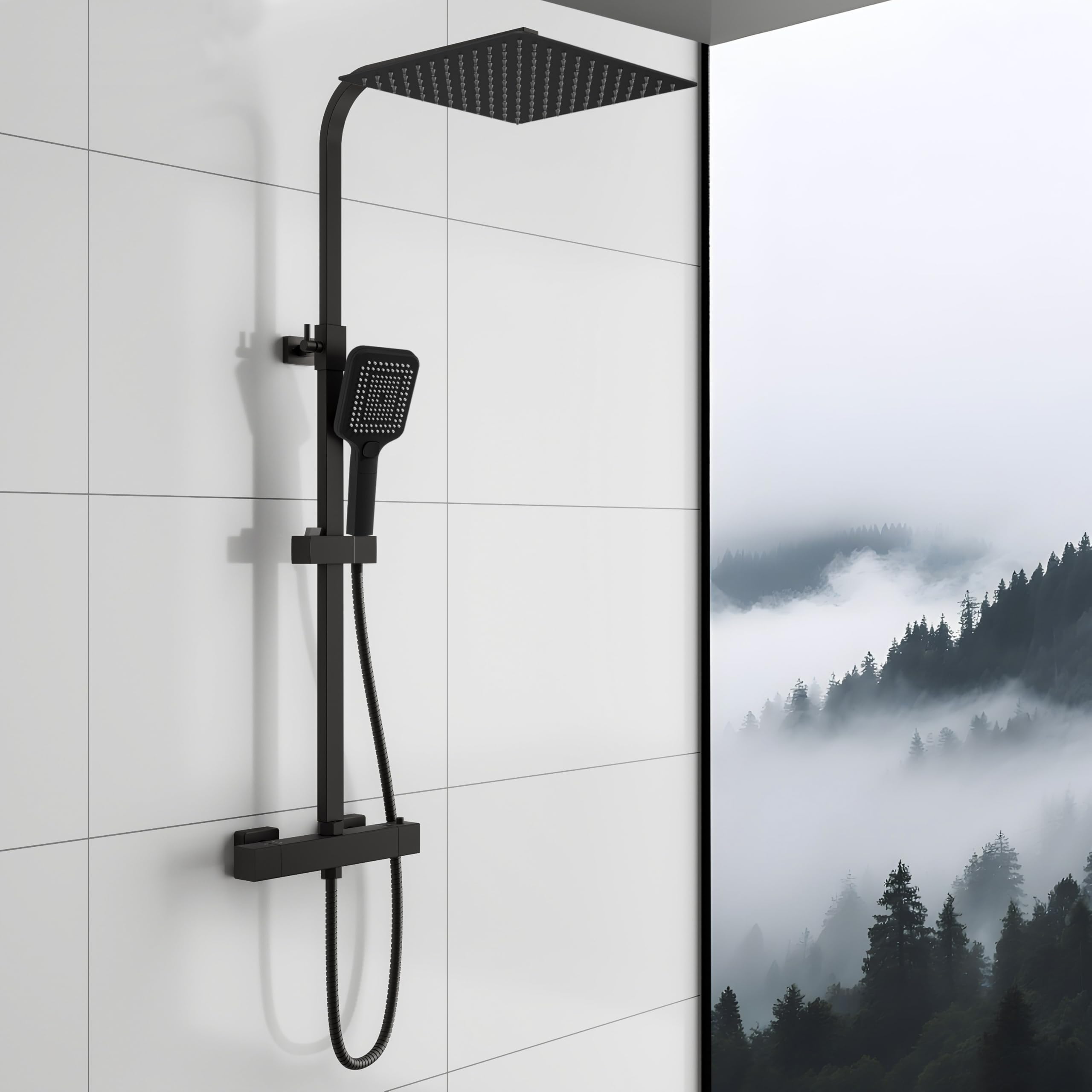 Sky Bathroom Thermostatic Bar Shower Mixer Set with 12" Rainfall & 3-Mode Handheld – Wall Mounted Shower System with Sliding Riser Rail – Matte Black