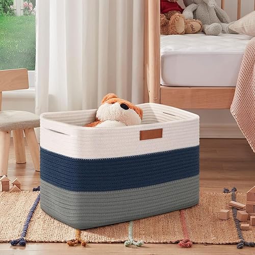 Miniatura 5 de MFSTUDIO Cesta grande de almacenamiento de ropa sucia, cesta de cuerda de algodón tejida, 14.6 pulgadas de largo x 8.3 pulgadas de ancho x 9.8