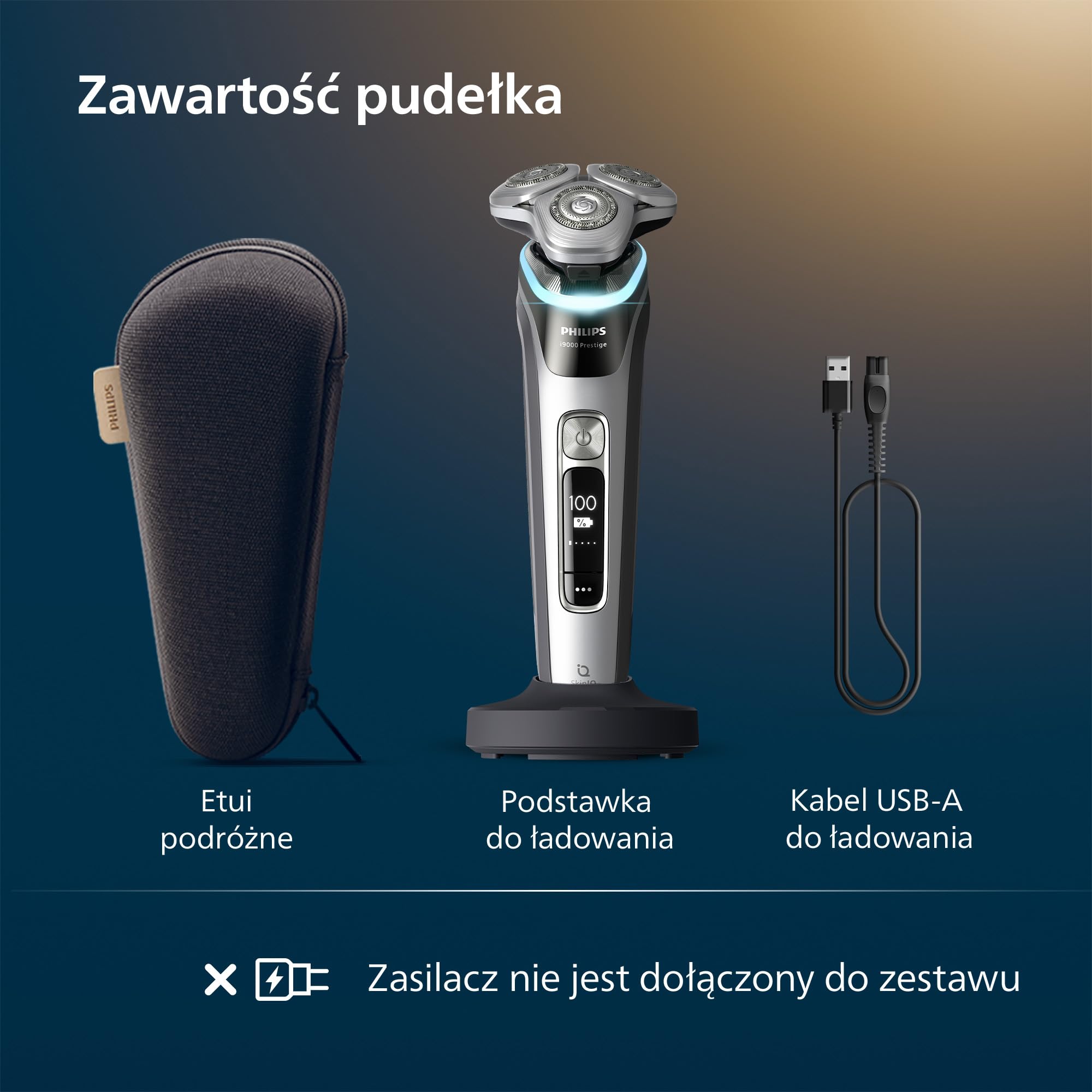 Philips Shaver i9000 Prestige, golarka elektryczna do golenia na sucho i mokro z technologią Skin IQ, System Triple Lift & Cut, podwójne, obracające się o 360º ostrza SteelPrecision, Model XP9204/10