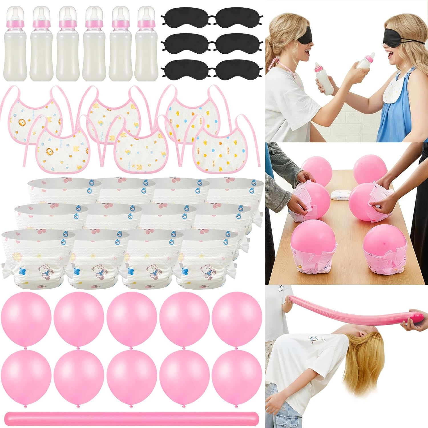 Soulchen Bottle Chug Baby Shower Games 3 Baby Shower Games for 6 Guests Include Bottle Disposable Diapers Balloon Eye Masks and Bibs for Gender Reveal Party Supplies(Pink)