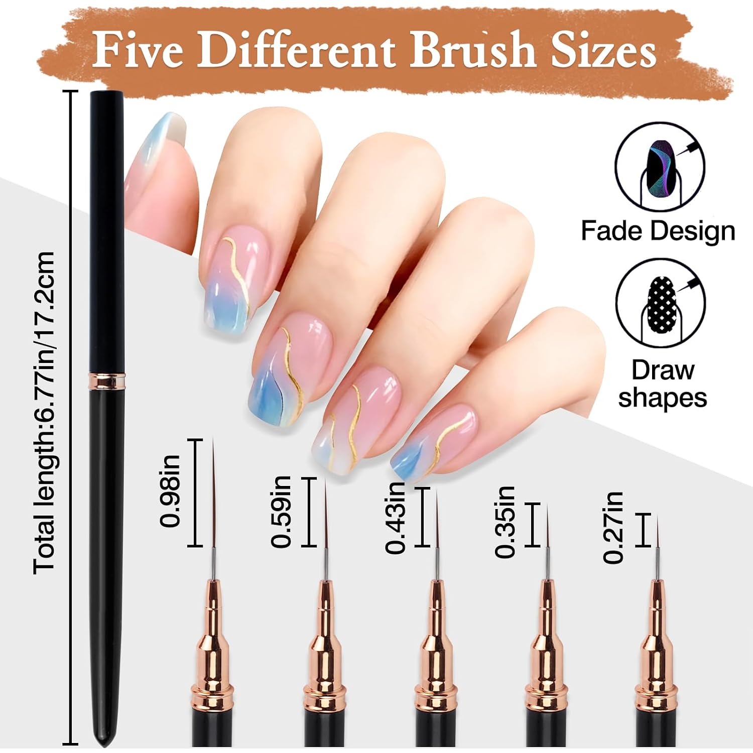 5PCS Metallic Nail Art Liner Brush Set – Fine Detail Pens for Thin Lines, UV Gel Polish Painting & Nail Design (Black Handles)