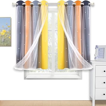Nursery/Kids/Girls Room Star Cut Out Blackout Rainbow Curtain with Sheer Overlay 2 Panels, Each 52 inch Wide,45 inch Length with White Gauze,Ombre Stripe Rainbow Curtains 2 Panels,52x45 Inch