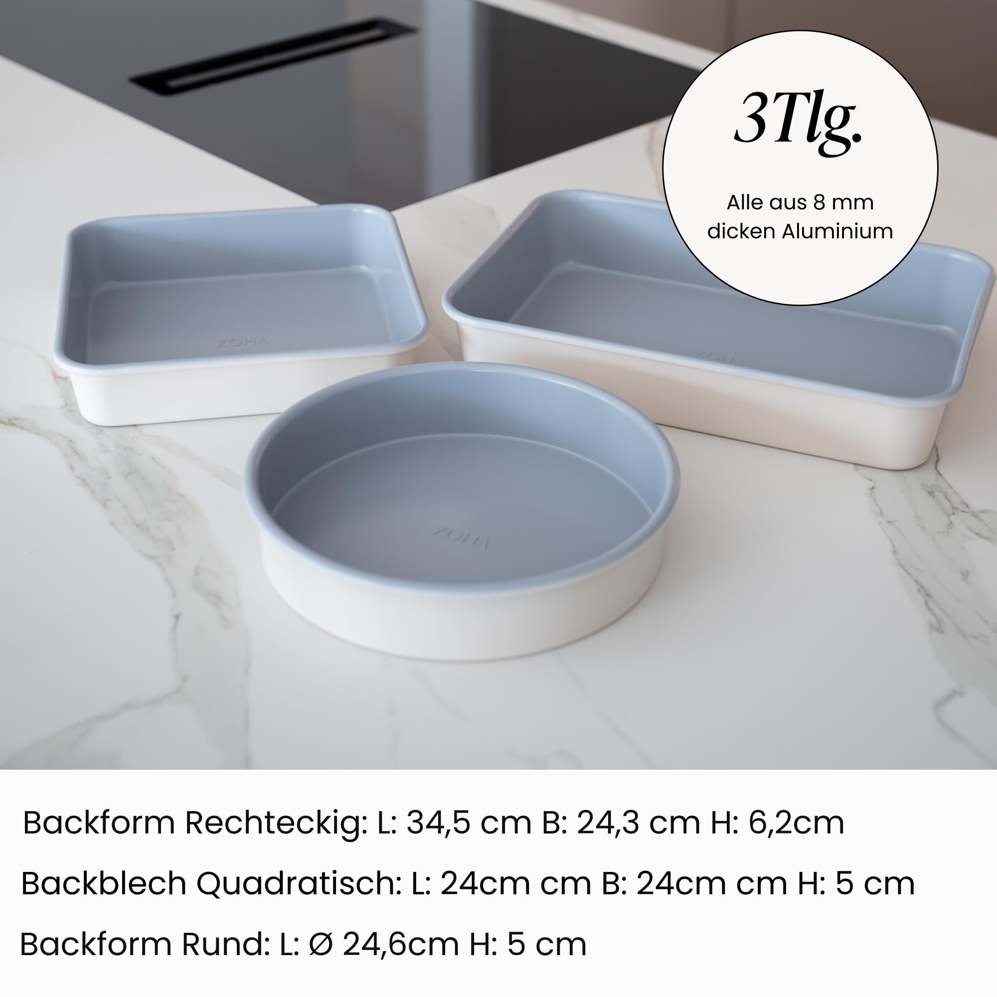 Zoha Backform Set Keramikbeschichtun - 3-teilig Backformen Set Aluminium, Kuchenformen Set rechteckig quadratisch rund - Antihaft Kuchenform Set bis 290°C, Cake Form spülmaschinenfest & PFAS-frei