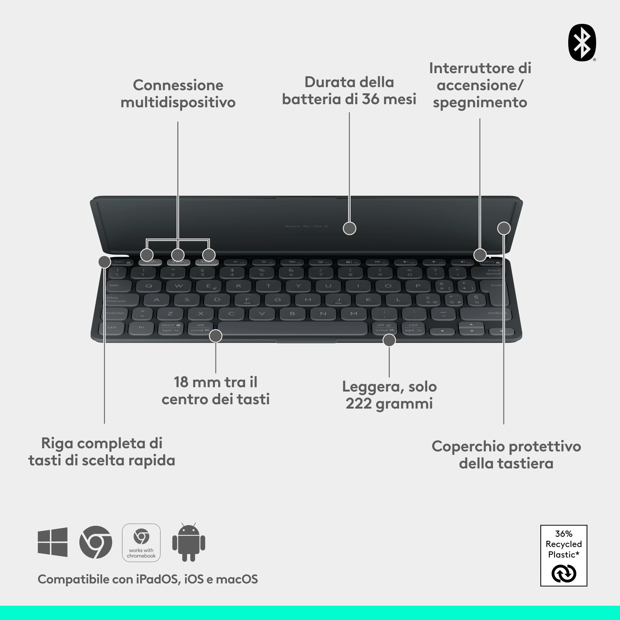 Logitech Keys-To-Go 2, tastiera Bluetooth portatile per tablet (Grafite) | Coperchio integrato, wireless, sottile, compatta per Windows, Android, Linux, iPad, iPhone, Mac, Apple TV, QWERTY ITA