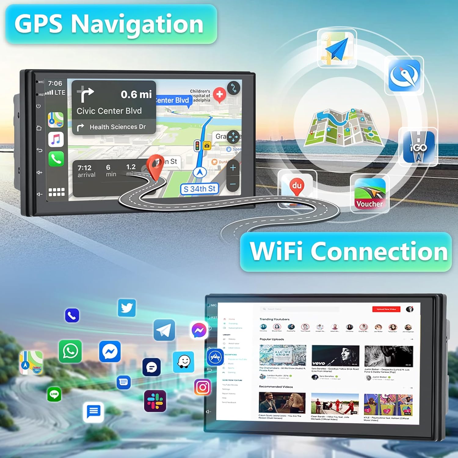 GPS Navigation and WiFi Connection interfaces on the car stereo.
