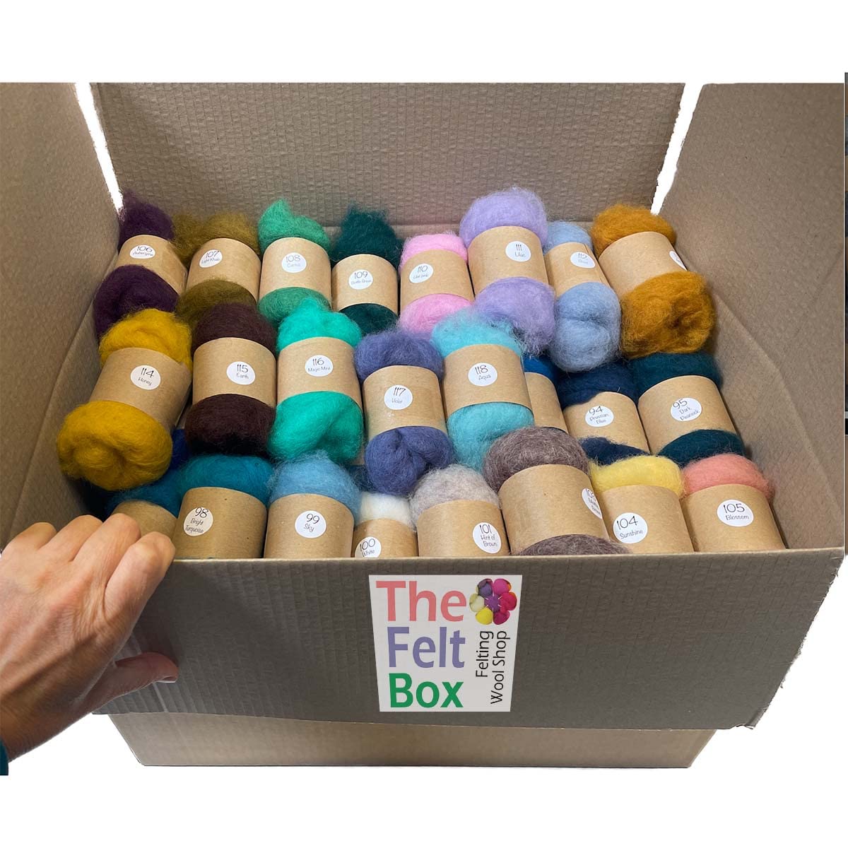 The Felt Box Lana per infeltrimento (imbottitura cardata con fibre corte), confezione da 105 colori, varie misure (105 x 20 g = 2,1 kg in totale)