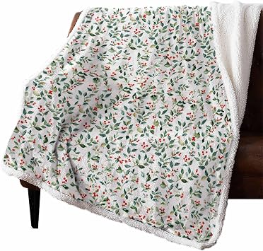 Vandarllin Christmas Throw Blanket Red Berry Thick Warm Winter Blanket Green Leaf Christmas Blanket Sherpa Fleece Blanket for Bed Sofa Couch Chair, 50 x 60 Inches