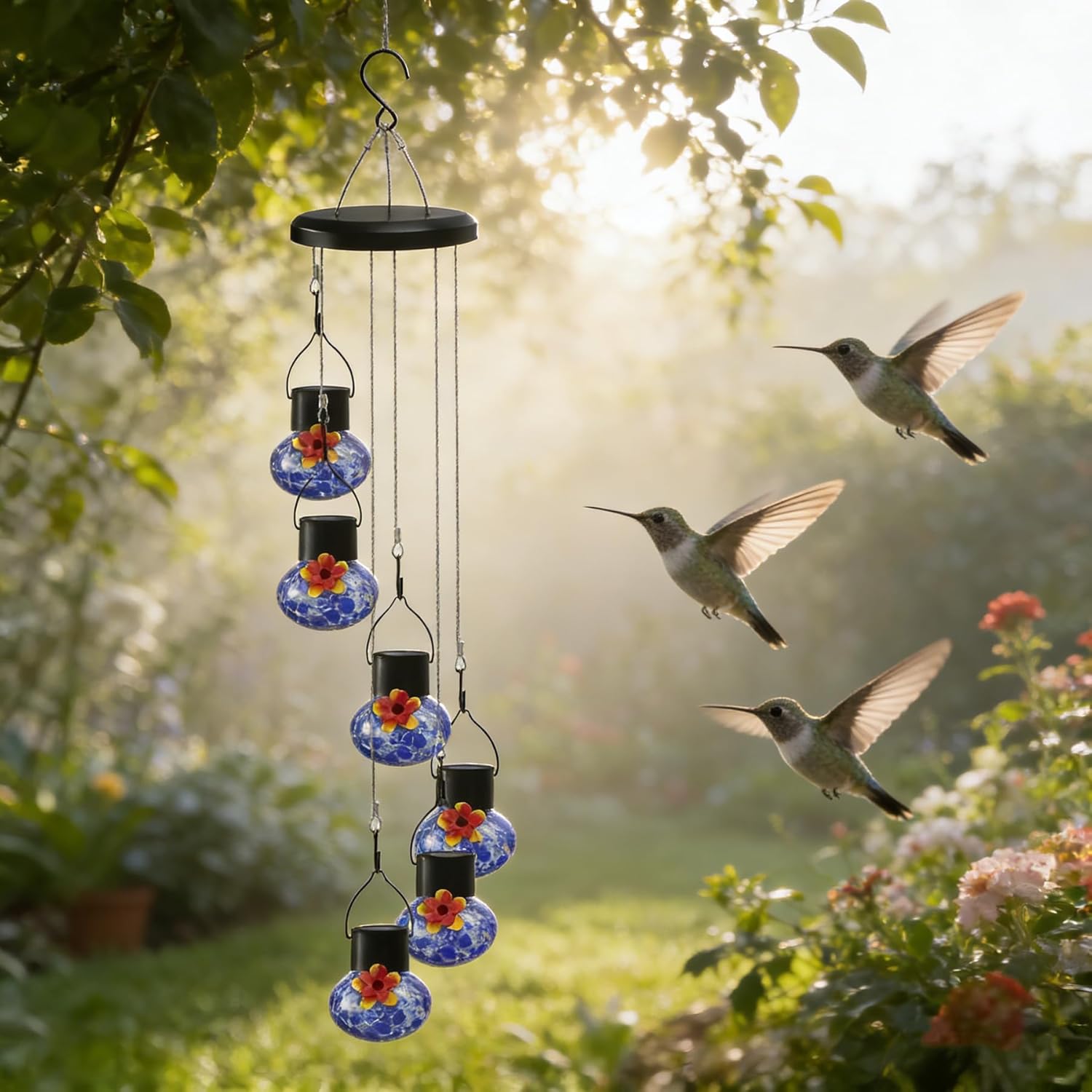 Solar-Powered Hummingbird Feeder with Wind Chime Elegance – 6 Leak-Proof Glass Ports, Frosted Design & Sea Night Lights – Perfect Outdoor Gift for Nature Enthusiasts