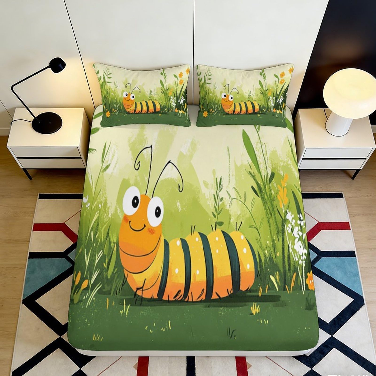 3D Printed Cartoon Caterpillar Fitted Sheet Microfiber Fun Striped Insect Bed Cover for Bedroom Guest Room Decor 90x200x25cm