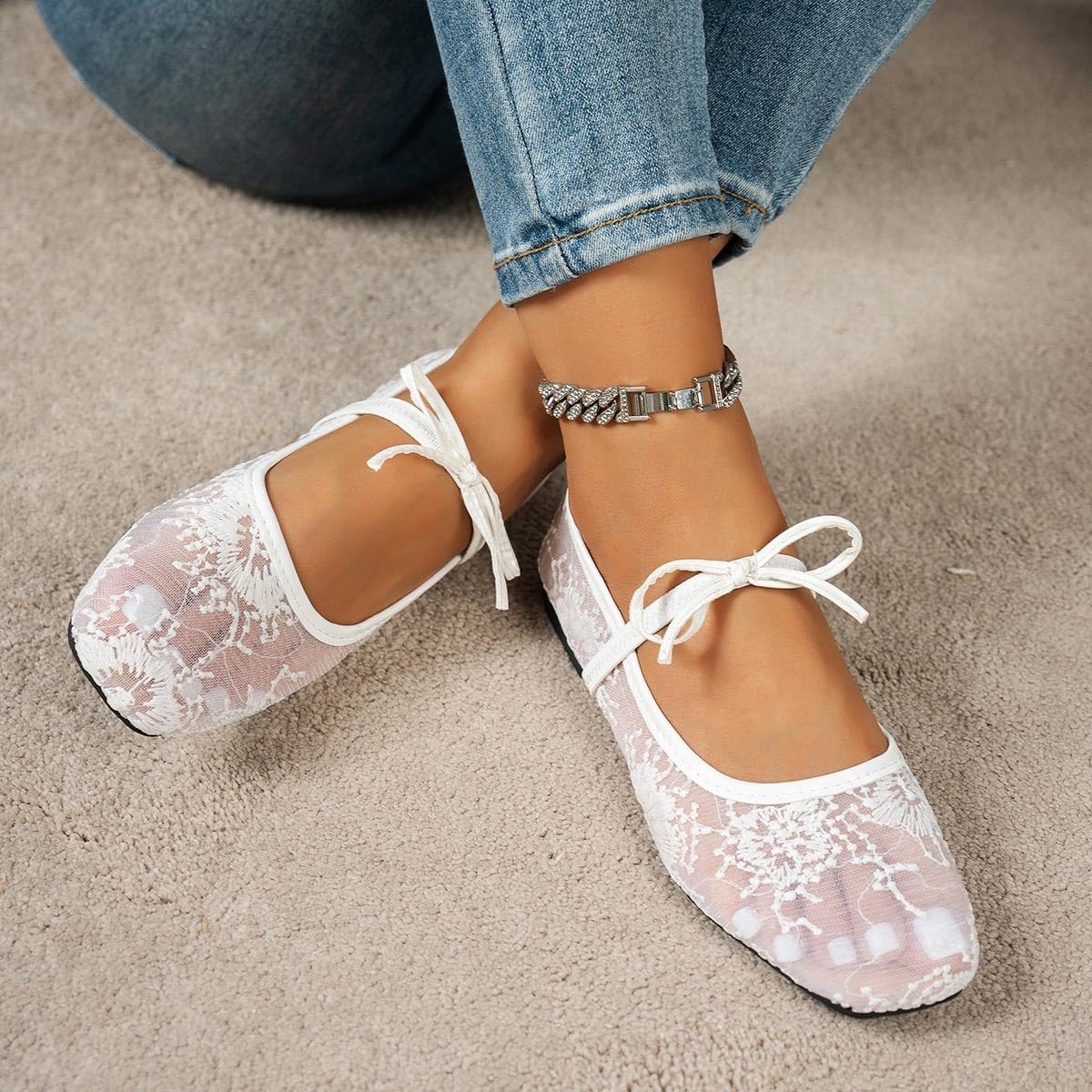 Women Sheer Lace Flats Bow Knot Strap Square Toe Mesh Ballerina Shoes Memory Foam Soft Comfy Vintage Embroidery Flats — view 5
