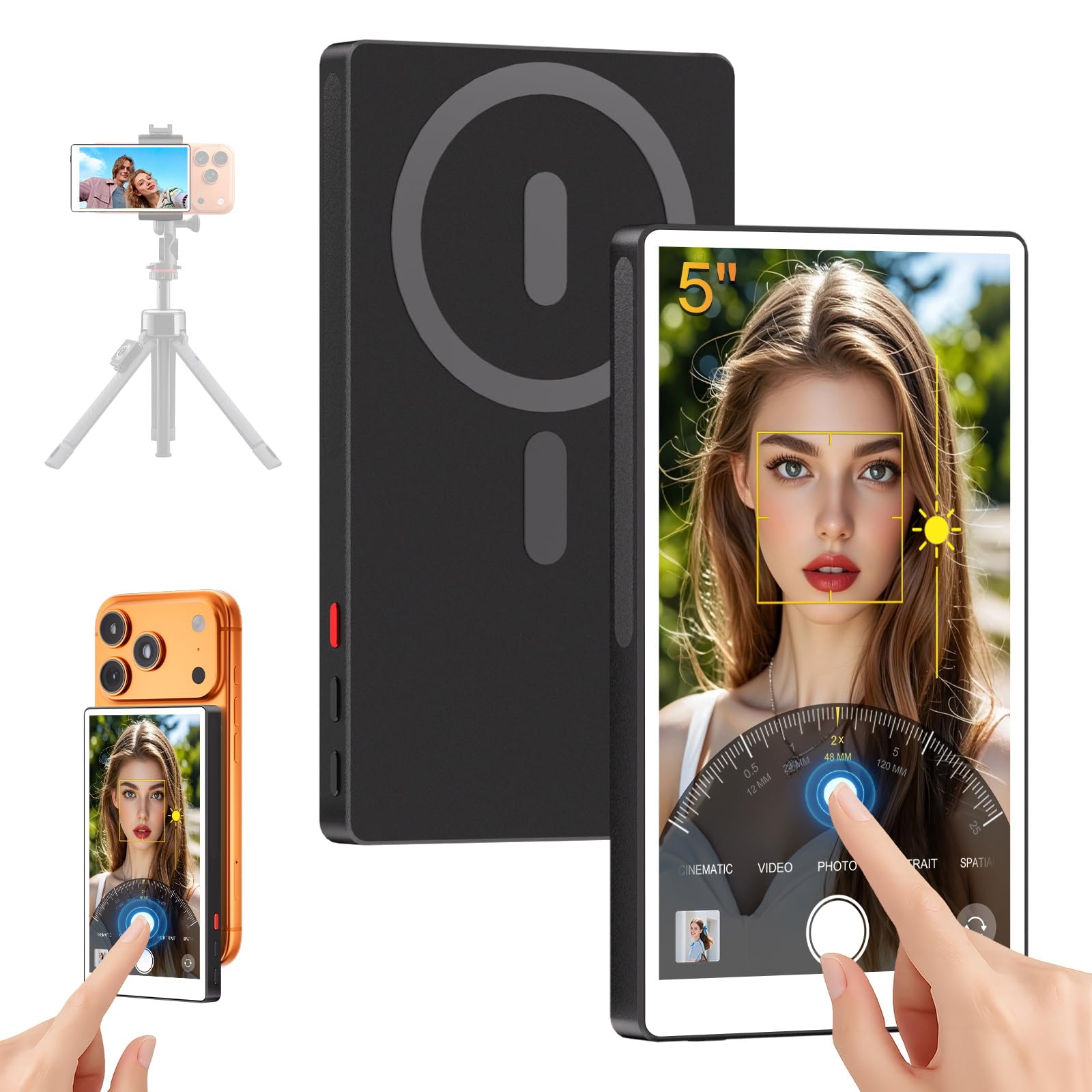 5" Touch Back Camera Monitor iPhone 17, Magnetic Selfie Monitor Screen iPhone, Wireless Screen Mirroring, Back Camera Selfie Monitor with Headphone Jack,6.5Hour for Vlog,Snaplylens for iPhone,Android