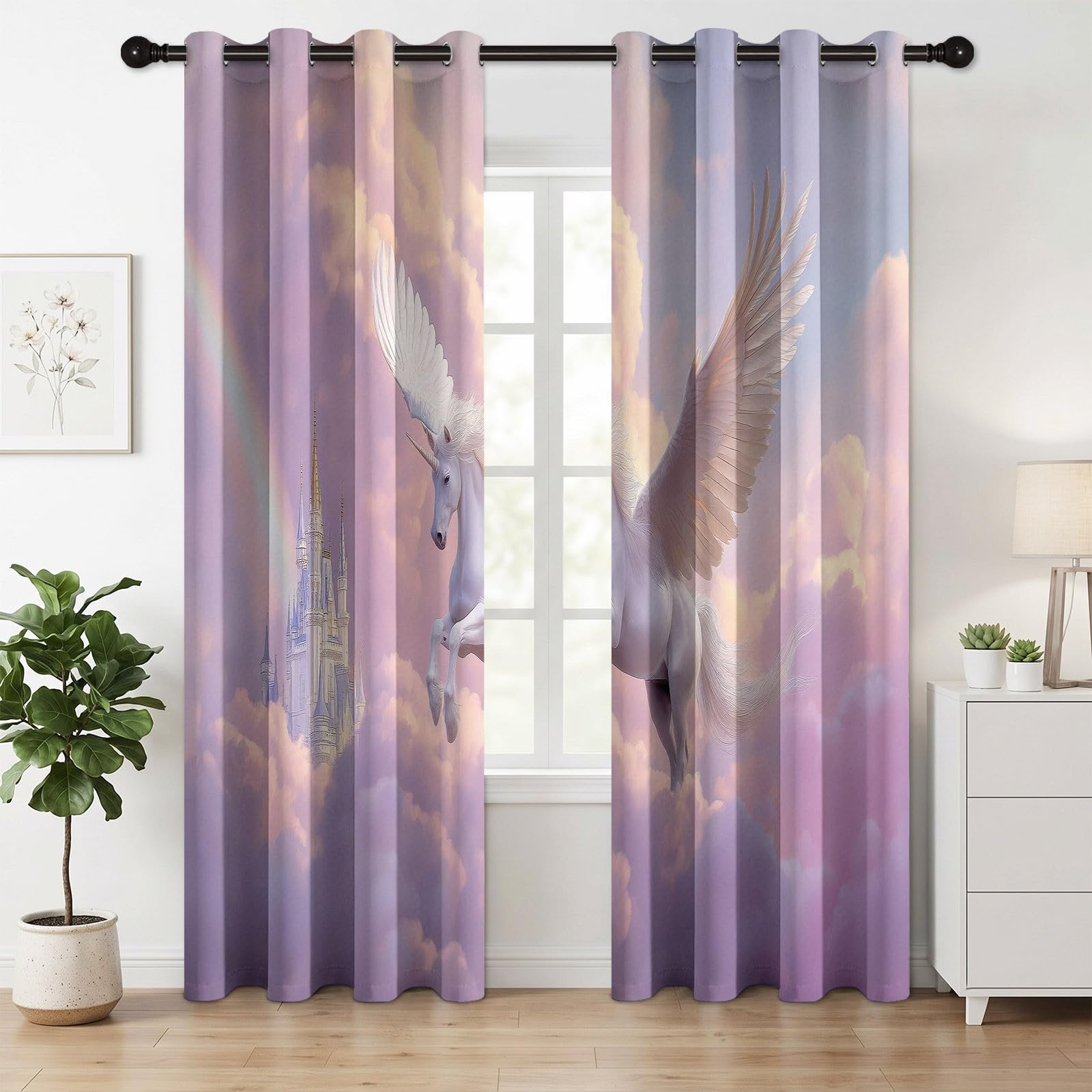 Rose Rideau Occultant à Oeillets, Fantaisie Animaux Licorne Rideaux Isolant Thermique Anti Bruit, Protection de la Vie Privée Décoration Rideau pour Chambre à Coucher 117 x 229 cm, 2 Pièces