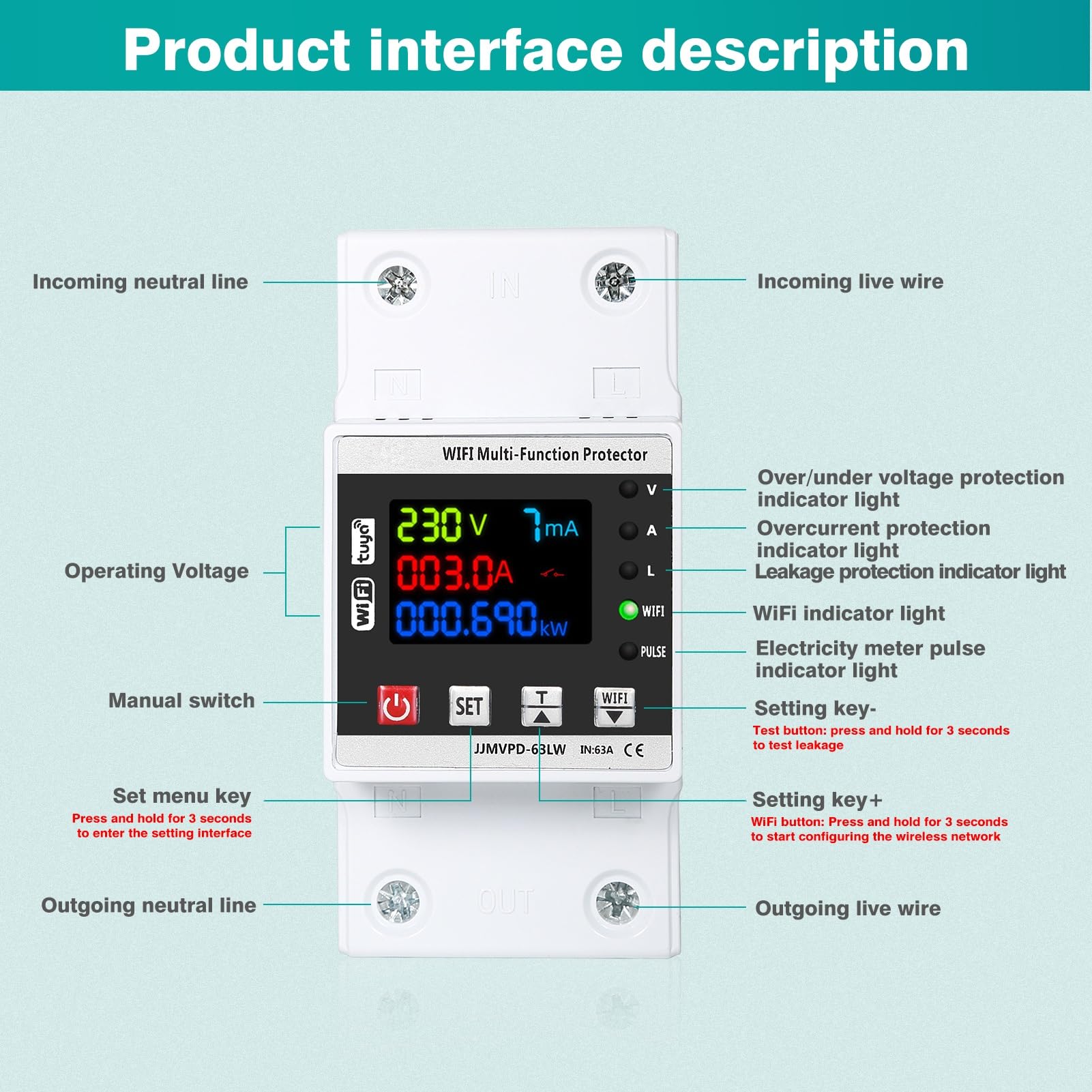 DEWIN Contatore Energia Elettrica WiFi,63A 220V Protettore di Sovratensione e Sottotensione Misuratore Energia Elettrica WiFi Scaricatore di Sovratensione 220V