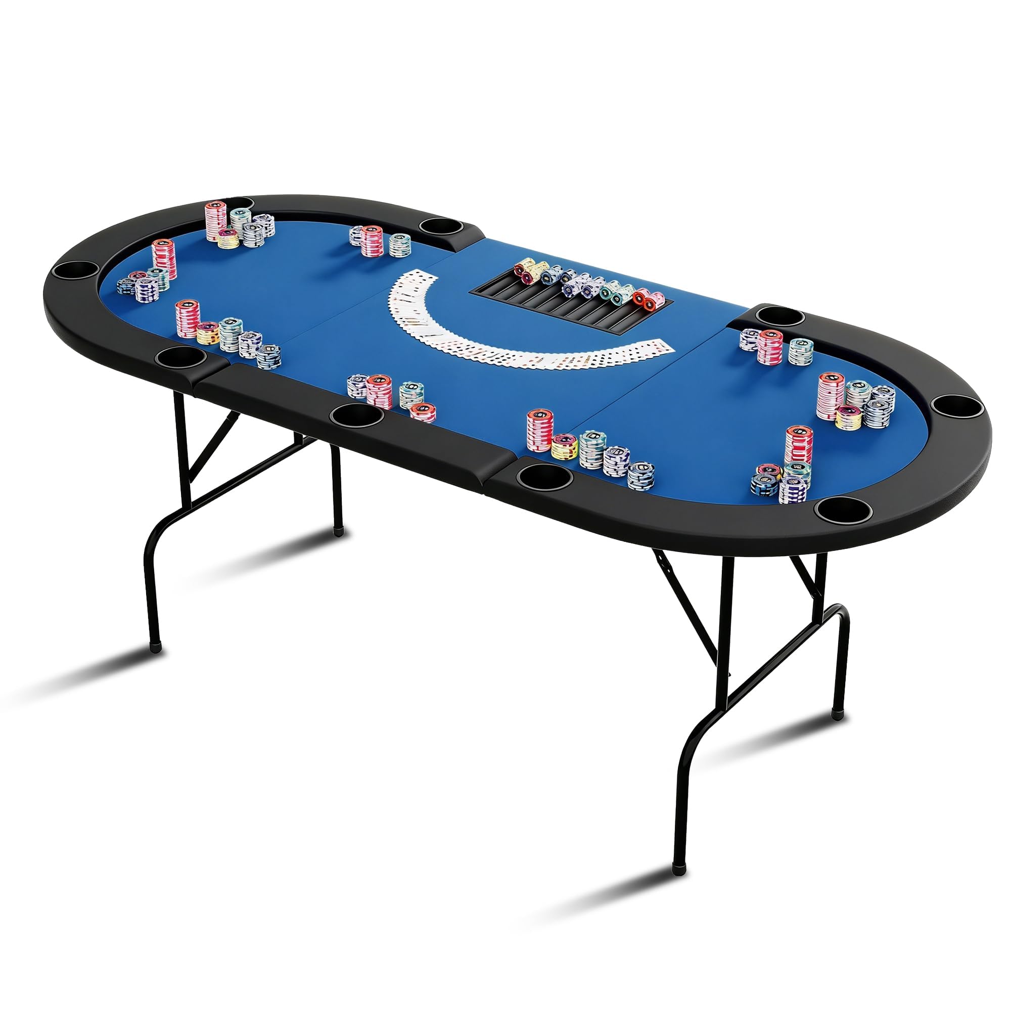 Garvee Table De Poker Pliable à 9 Joueurs - Table De Jeu Circulaire avec Pieds en Fer, Plateau Bleu en Plastique, Porte-Gobelets pour Soirées De Jeux, Casino Maison Et Événements Familiaux