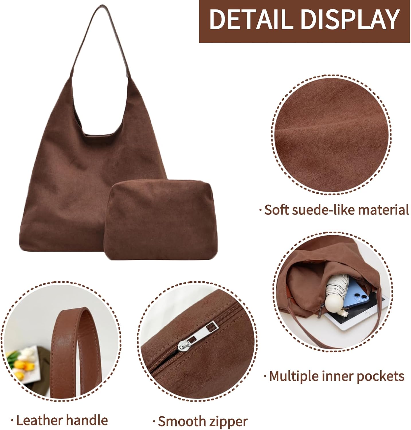 Women Suede Shoulder Tote Purse Hobo Crescent Bag Soft Casual Handbags for Work Travel College Fall Winter 2PCS - Image 4