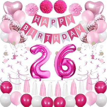 Sweet 26th Birthday Decorations for Women, Pink and White 26 Happy Birthday Balloons, Banner, Number 26 Foil Balloons