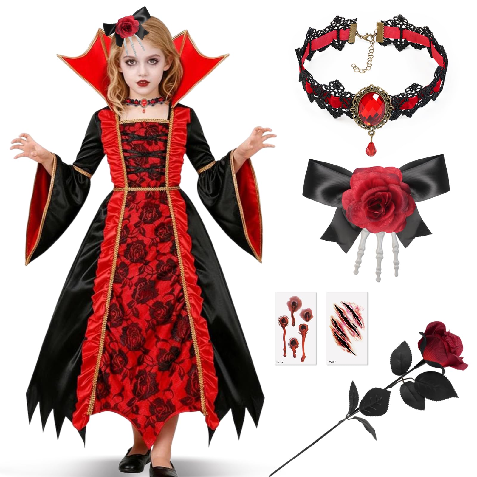 Haozozo Girls Royal Vampire Costume, Gothic Vampire Costume for Girls with a Vintage Style Vampire Dress, Hair Accessory, 3 Halloween Stickers and Decorations