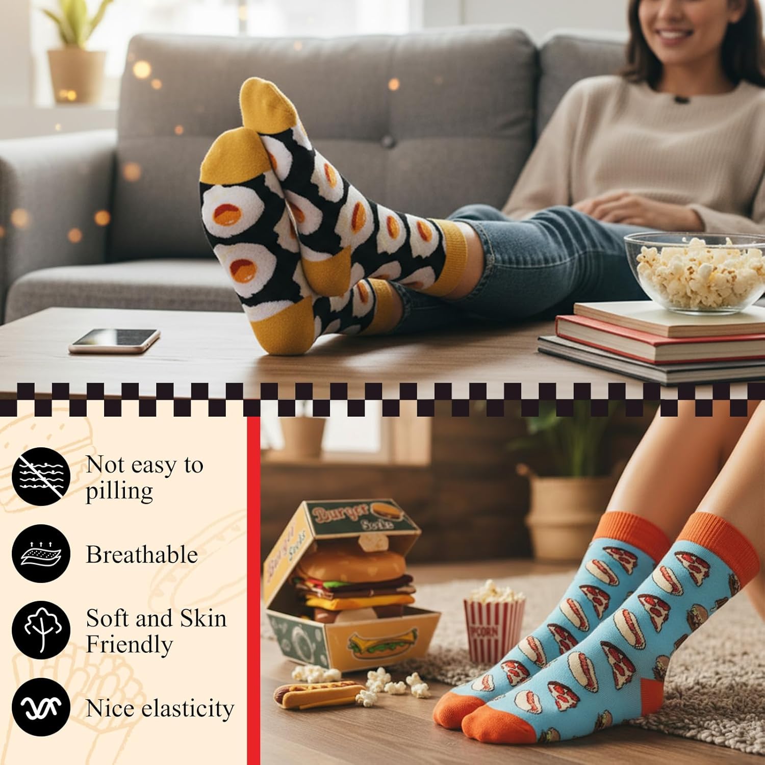12 Pairs Funny Socks with 8 Pcs Burger Boxes Burger Hot Dog Tacos Popcorn Socks Christmas Stocking Bag Novelty Christmas Gifts for Men Women - Image 5