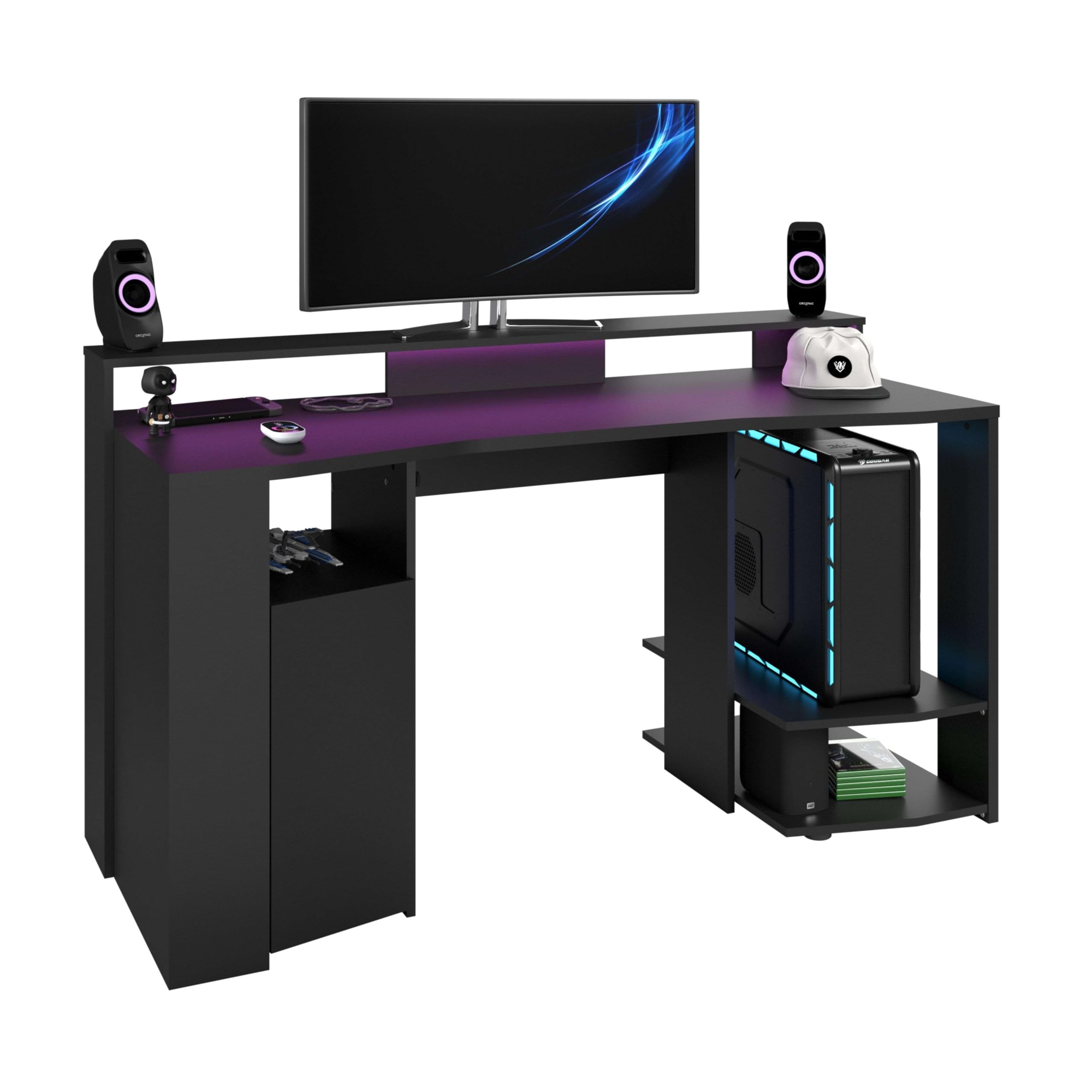 Miroytengo Table gaming couleur noire avec LED incluse Setup Gamer Bureau ordinateur style moderne Meuble 87 x 152 x 62 cm